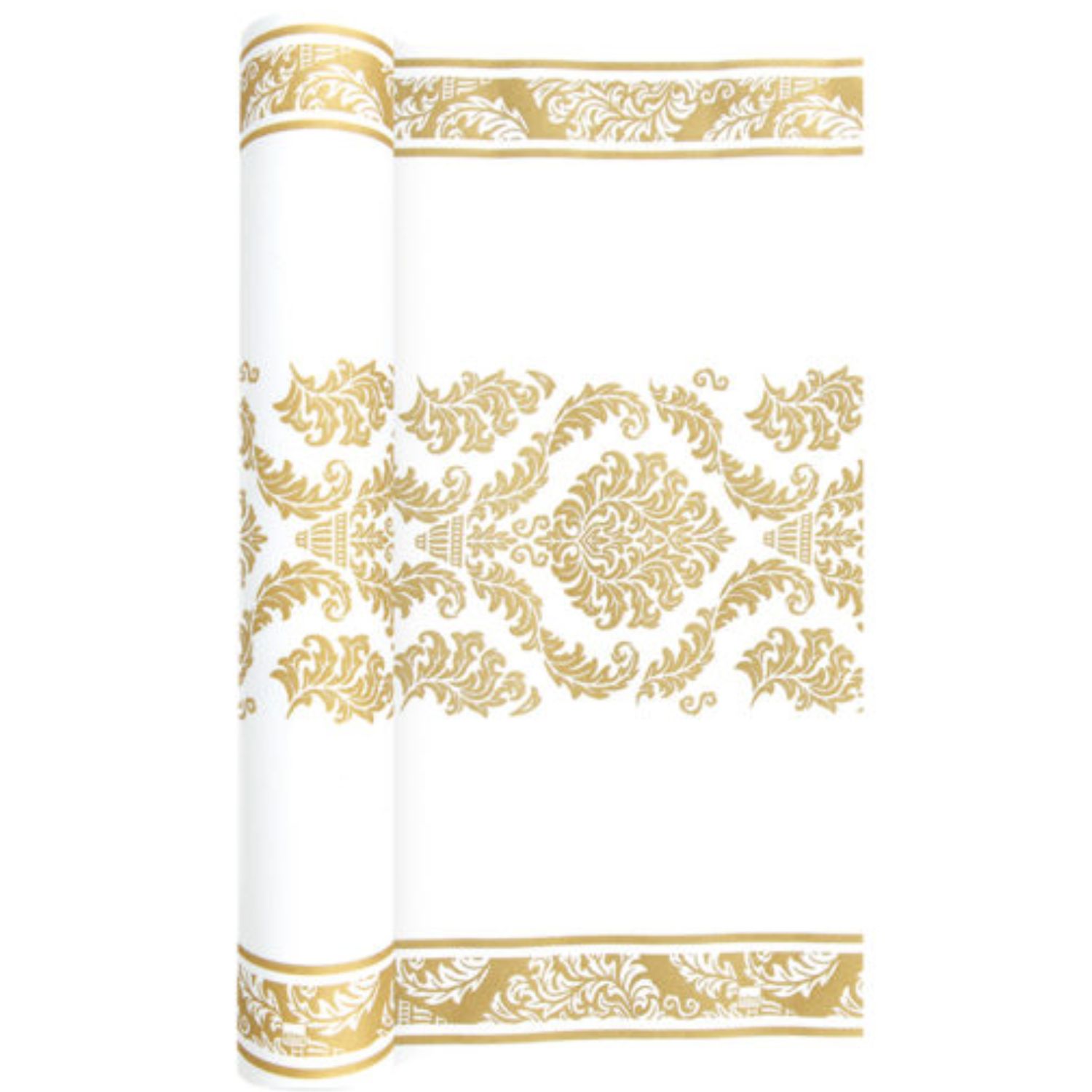 Rolle mit weißem Hintergrund und goldenen, ornamentalen Mustern, die sich über die gesamte Fläche erstrecken.