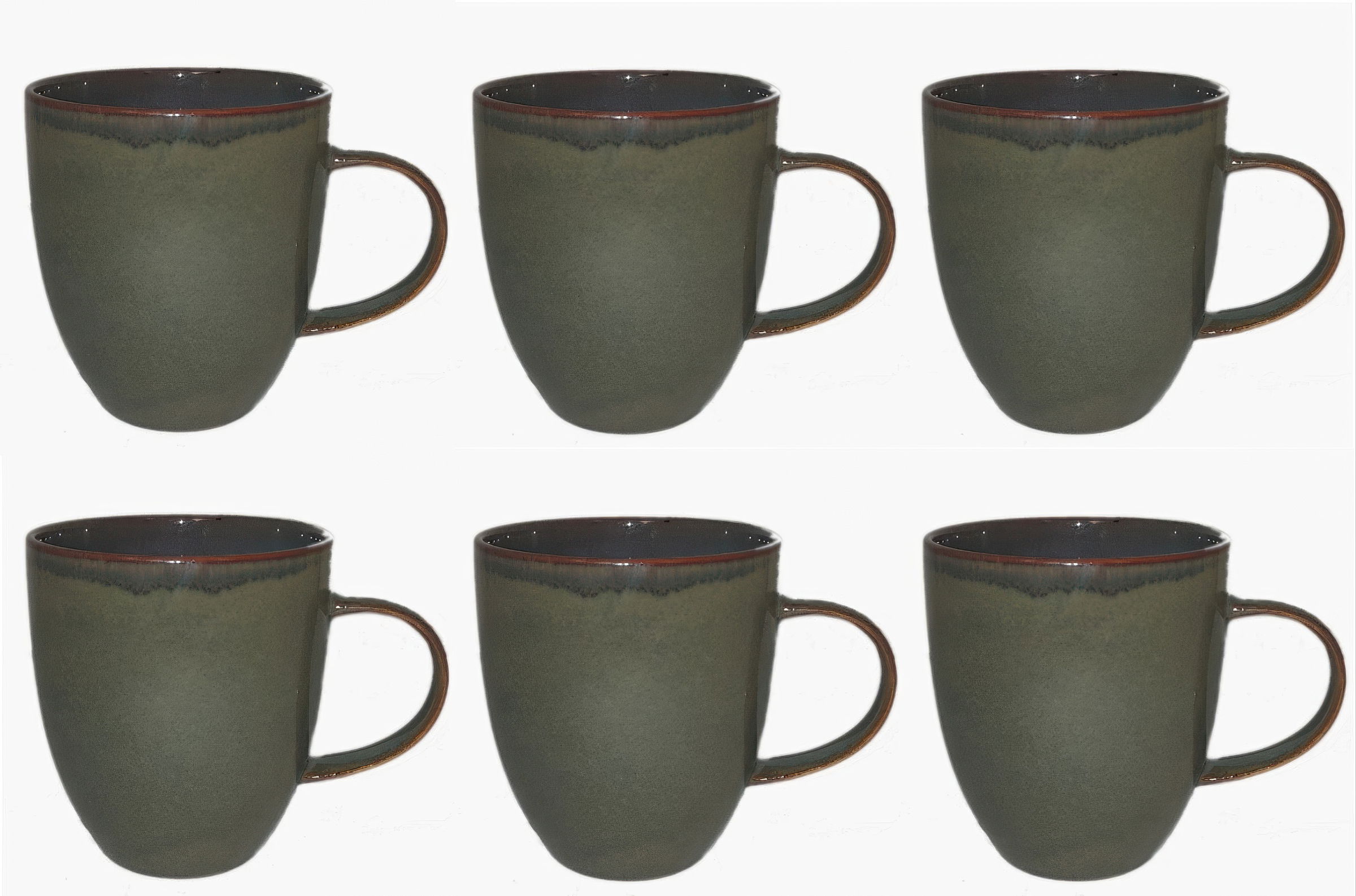 Sechs grüne Tassen mit Henkel, gleichmäßig angeordnet in zwei Reihen. Die Tassen haben eine glatte Oberfläche und einen dunklen Rand.