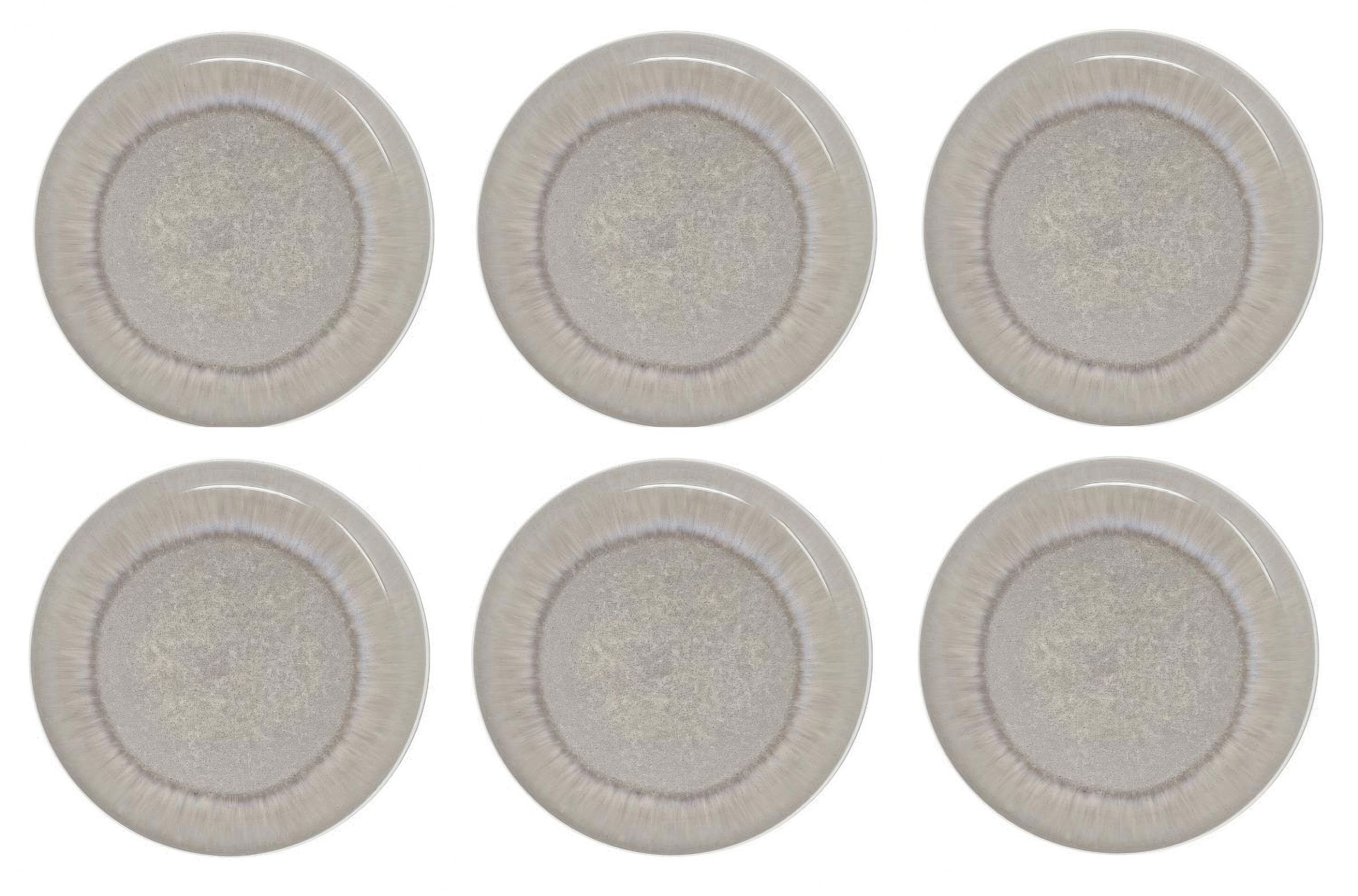 Sechs runde, flache Teller mit einem schlichten, hellen Design und einem leicht strukturierten Rand.