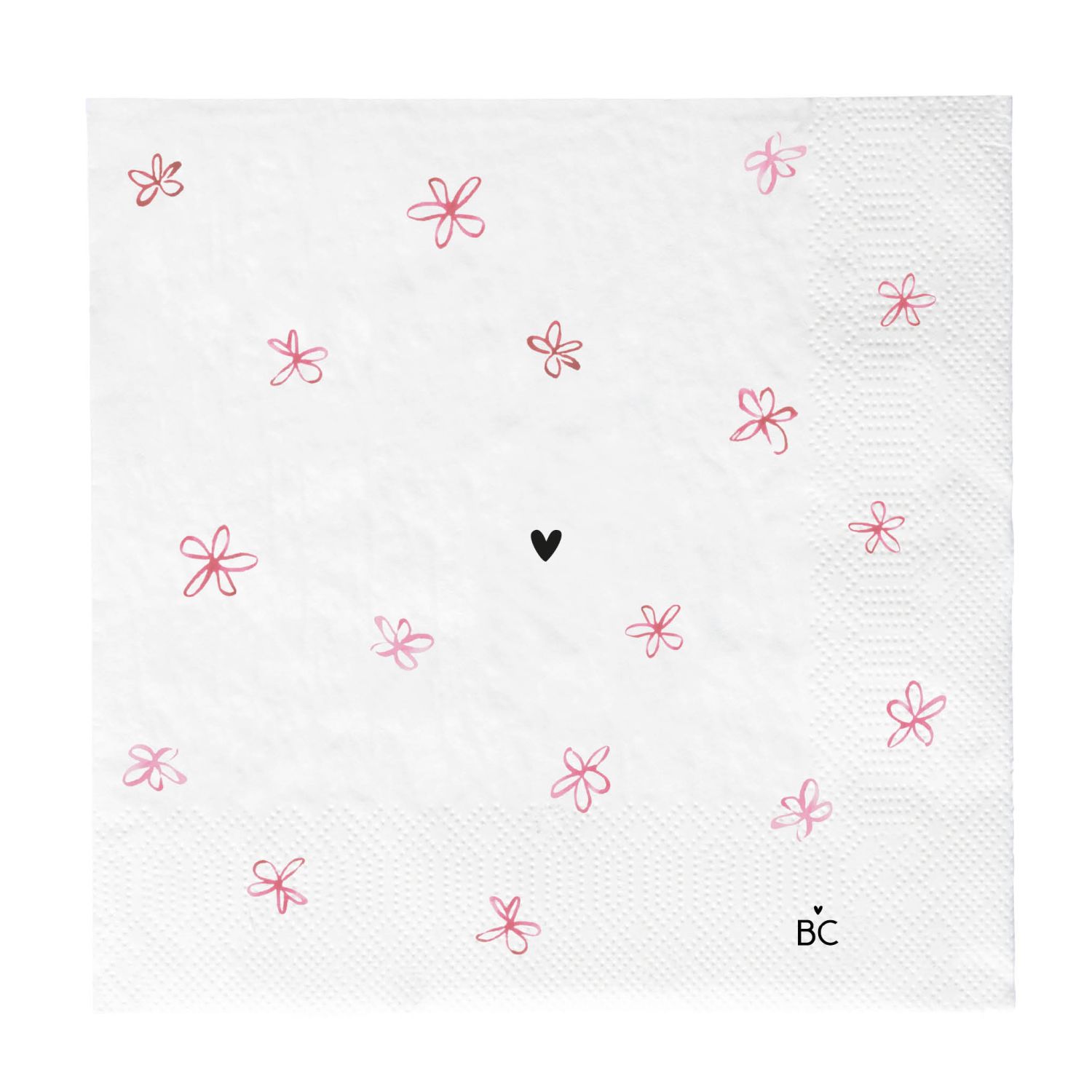 Weiße Serviette mit rosa skizzierten Blüten und kleinem schwarzen Herz in der Mitte