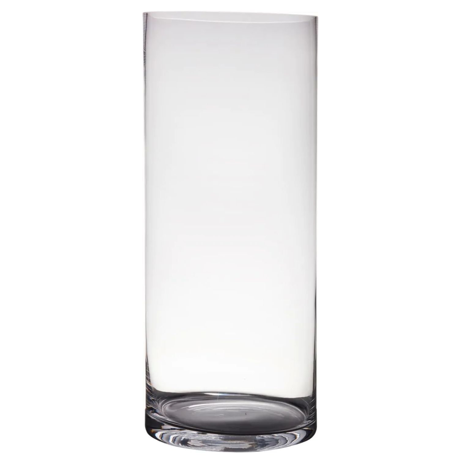 Ein transparenter, zylindrischer Glasbehälter ohne Inhalt, mit glatter Oberfläche und stabiler Basis.