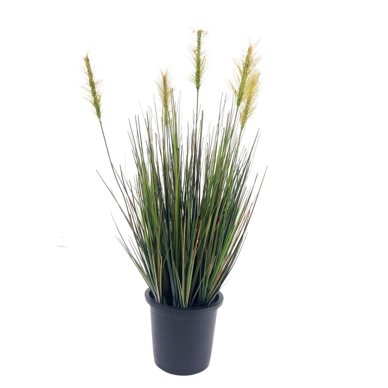 Künstliche Pflanze in einem schwarzen Blumentopf mit langen grünen Halmen