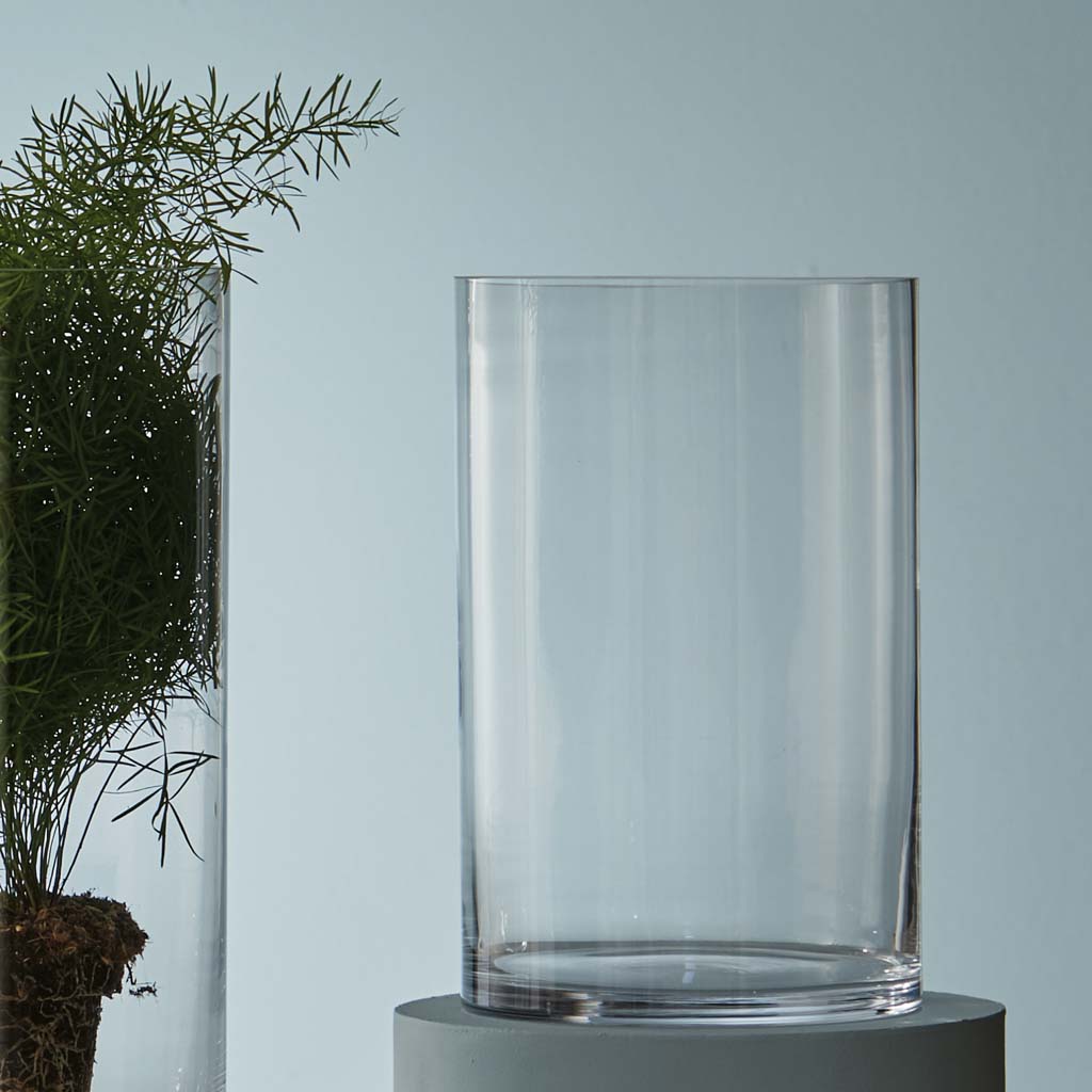 Ein transparenter Glasbehälter steht neben einem weiteren Behälter mit einer Pflanze. Der Hintergrund ist hellblau.