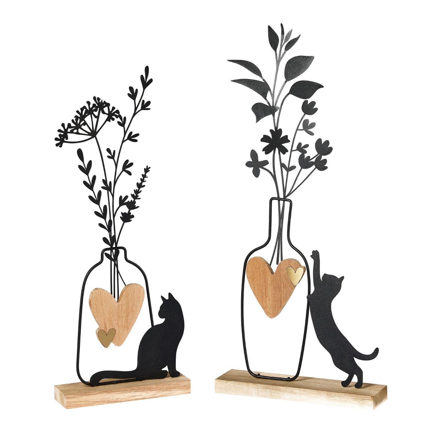 2er Set Dekoobjekte Vase mit Katze H. 36-40cm aus Metall und Holz Formano