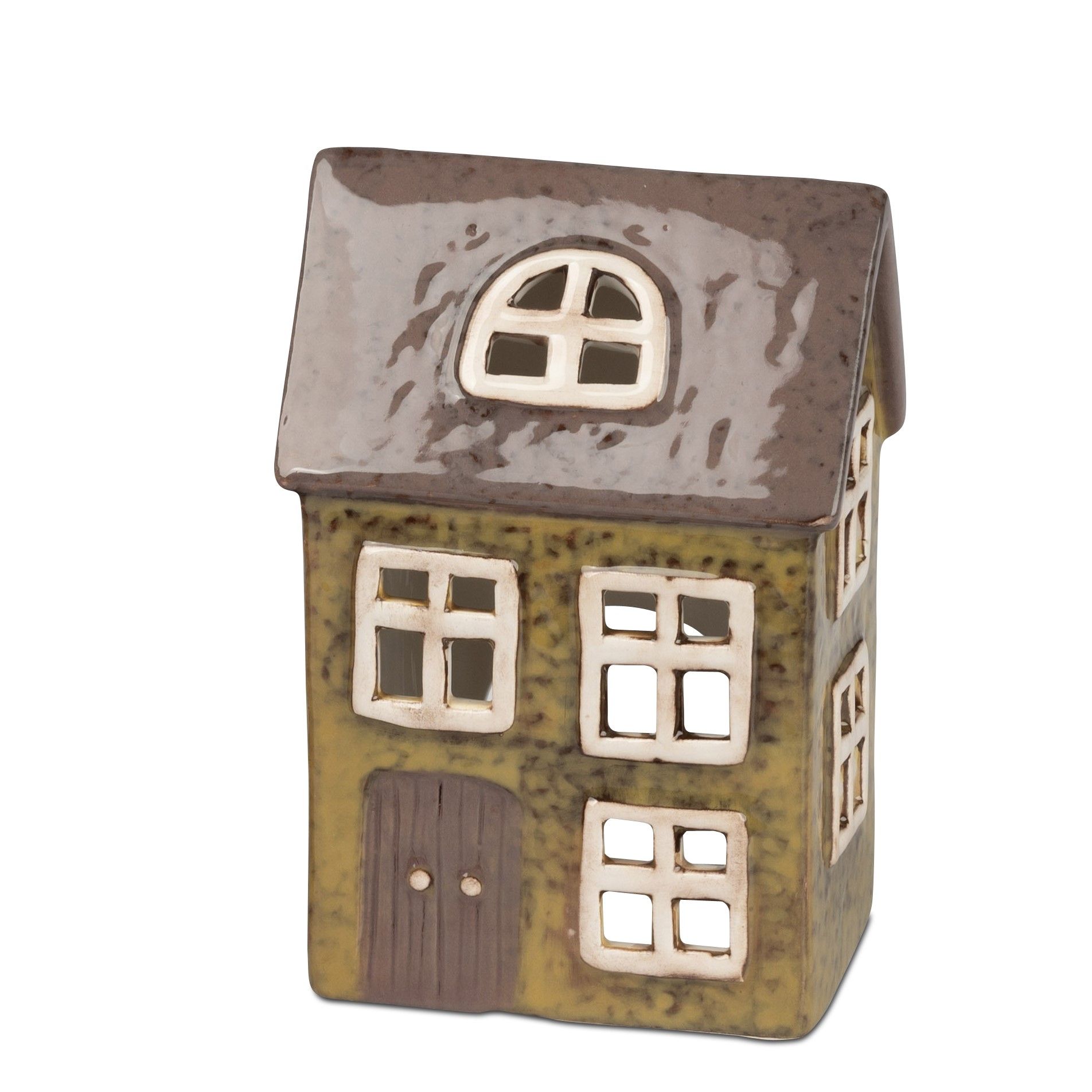 Keramisches Hausmodell mit braunem Dach und gelber Fassade, ausgestattet mit Fenstern und einer Tür.