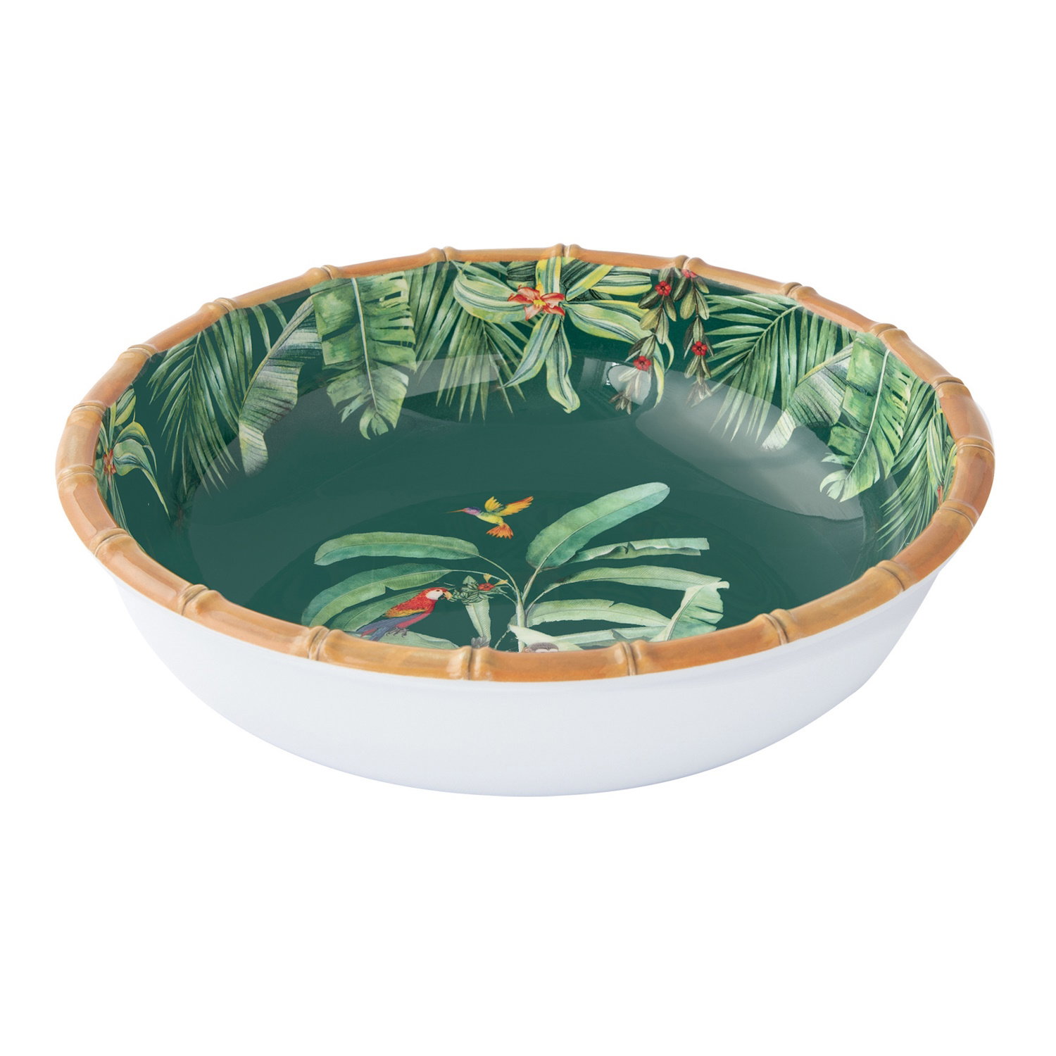 Schüssel mit grünem Innenmuster aus Blättern und Vögeln, Rand aus Bambusoptik, außen weiß.