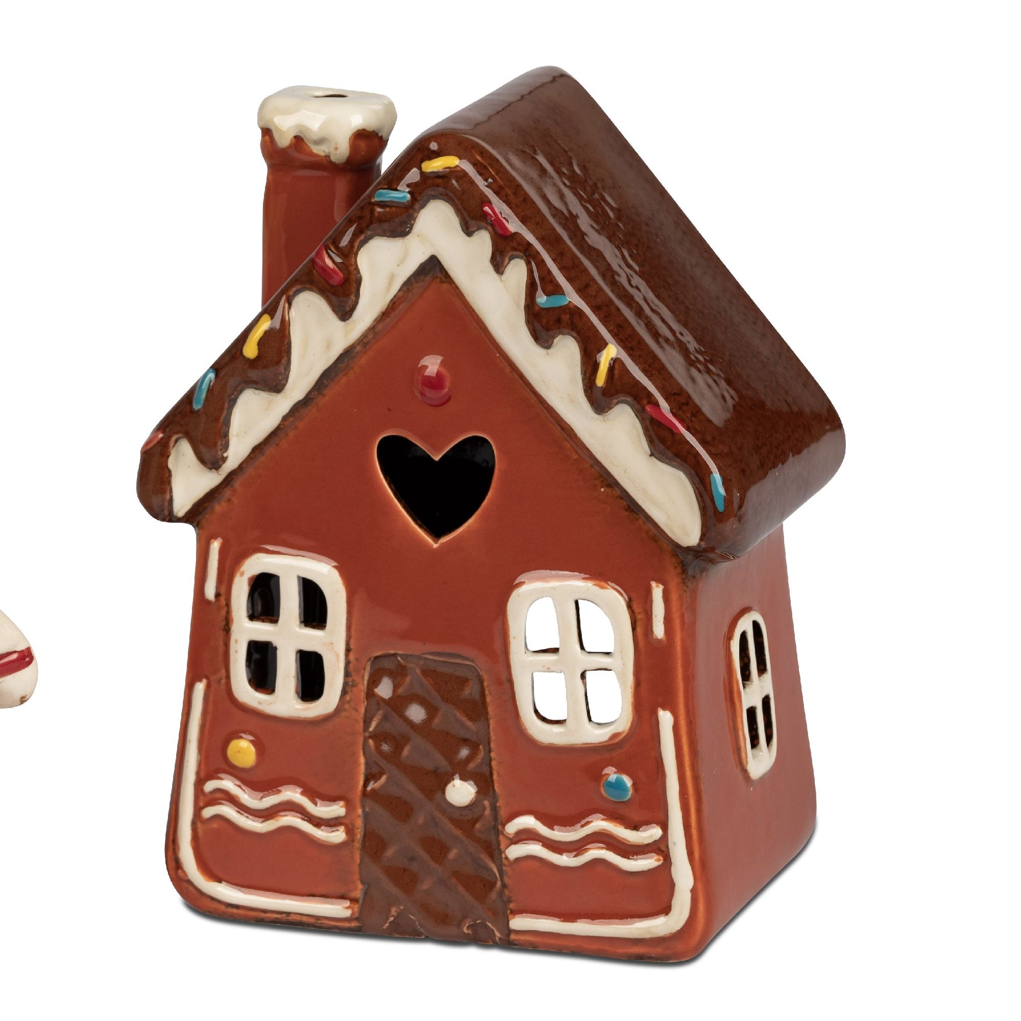 Ein braunes, glasiertes Haus aus Keramik mit Zuckerguss-Dekor, Fenstern und einem herzförmigen Loch
