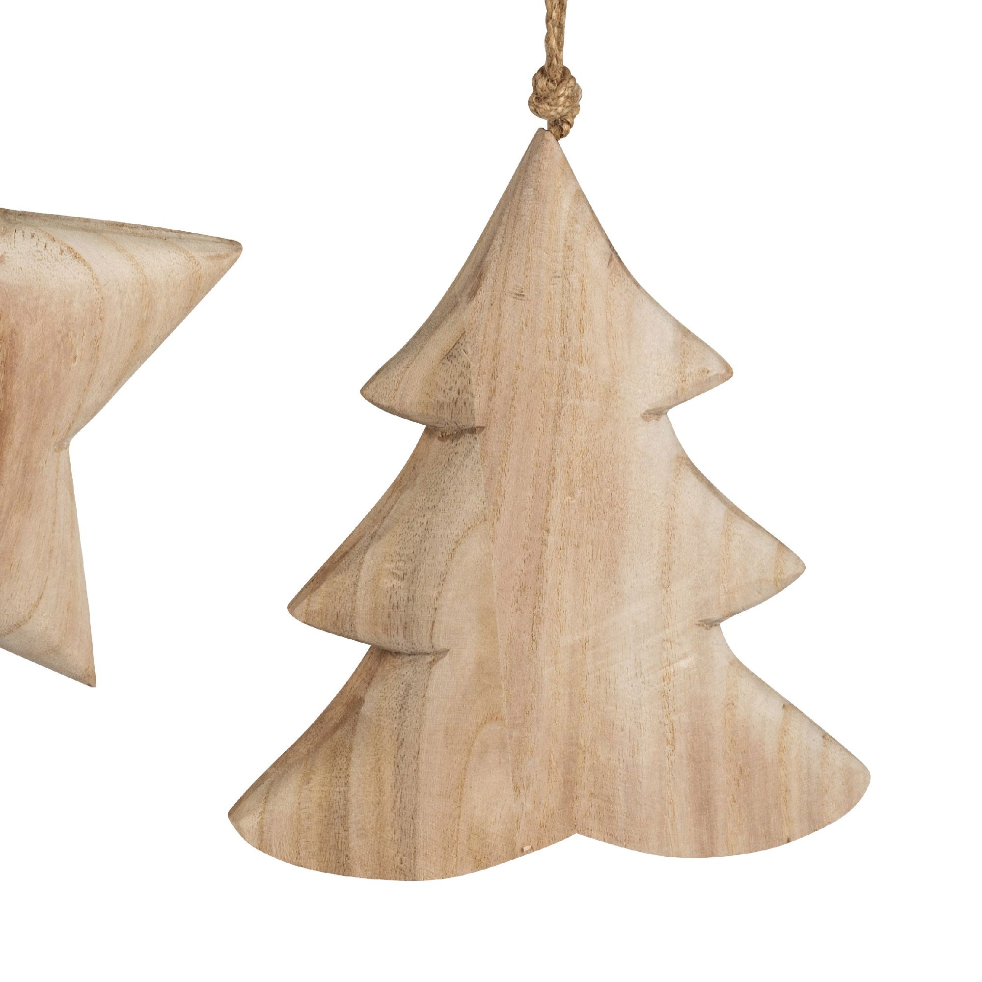 Zwei hölzerne Weihnachtsbaum-Anhänger in natürlicher Farbe, einer mit einer Schlaufe zum Aufhängen.