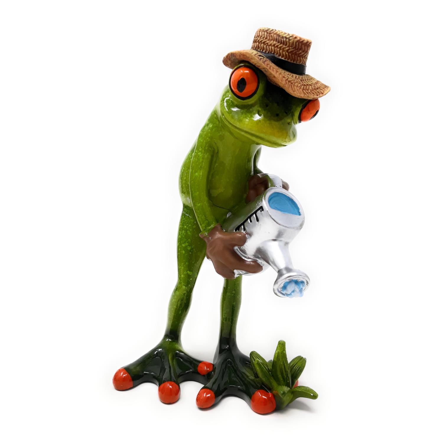 Grüner Frosch mit großen orangen Augen und Strohhut, der eine Gießkanne hält. Im Vordergrund eine kl