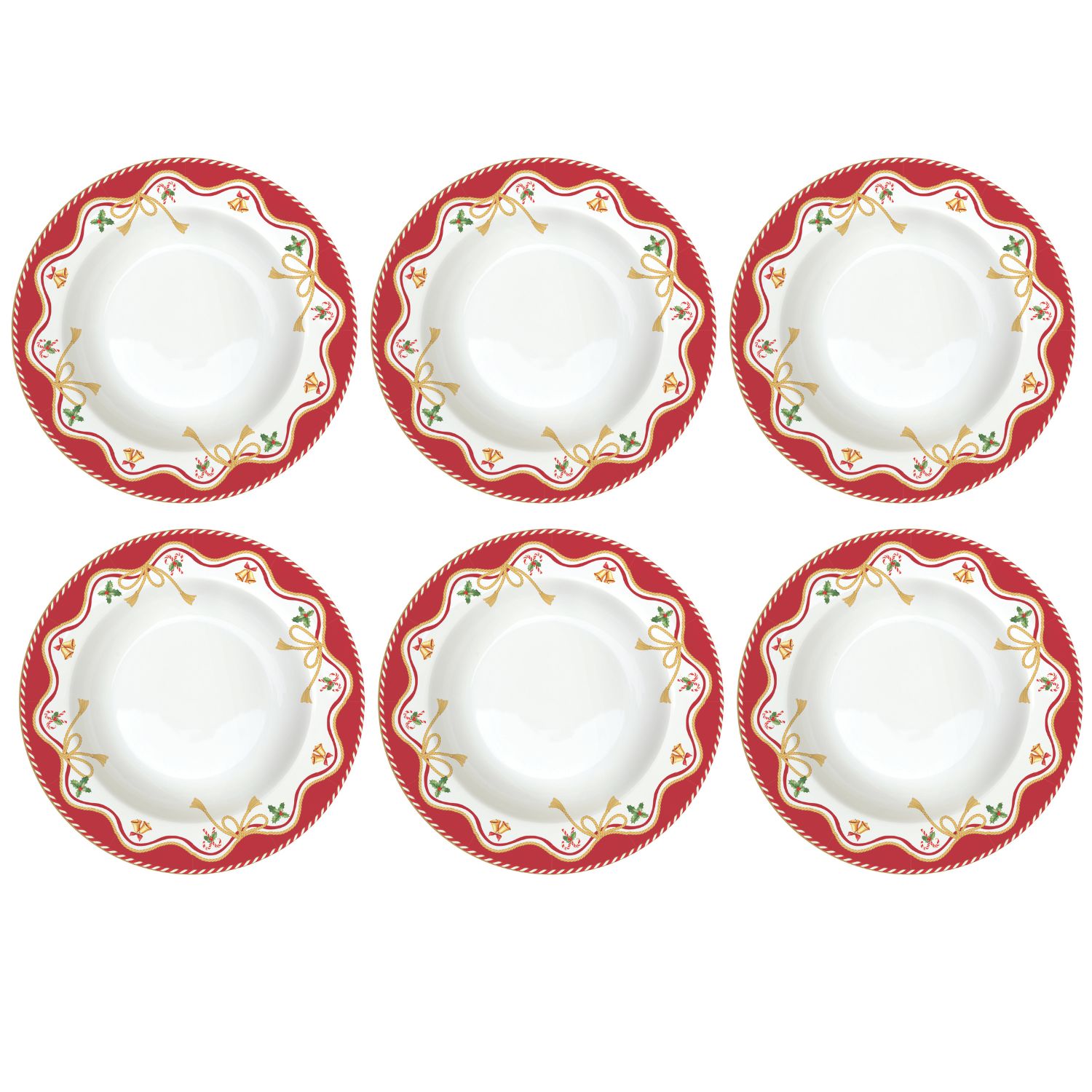 6 Suppenteller mit rotem Rand und weihnachtlichen Motiven wie Schleifen und Glocken