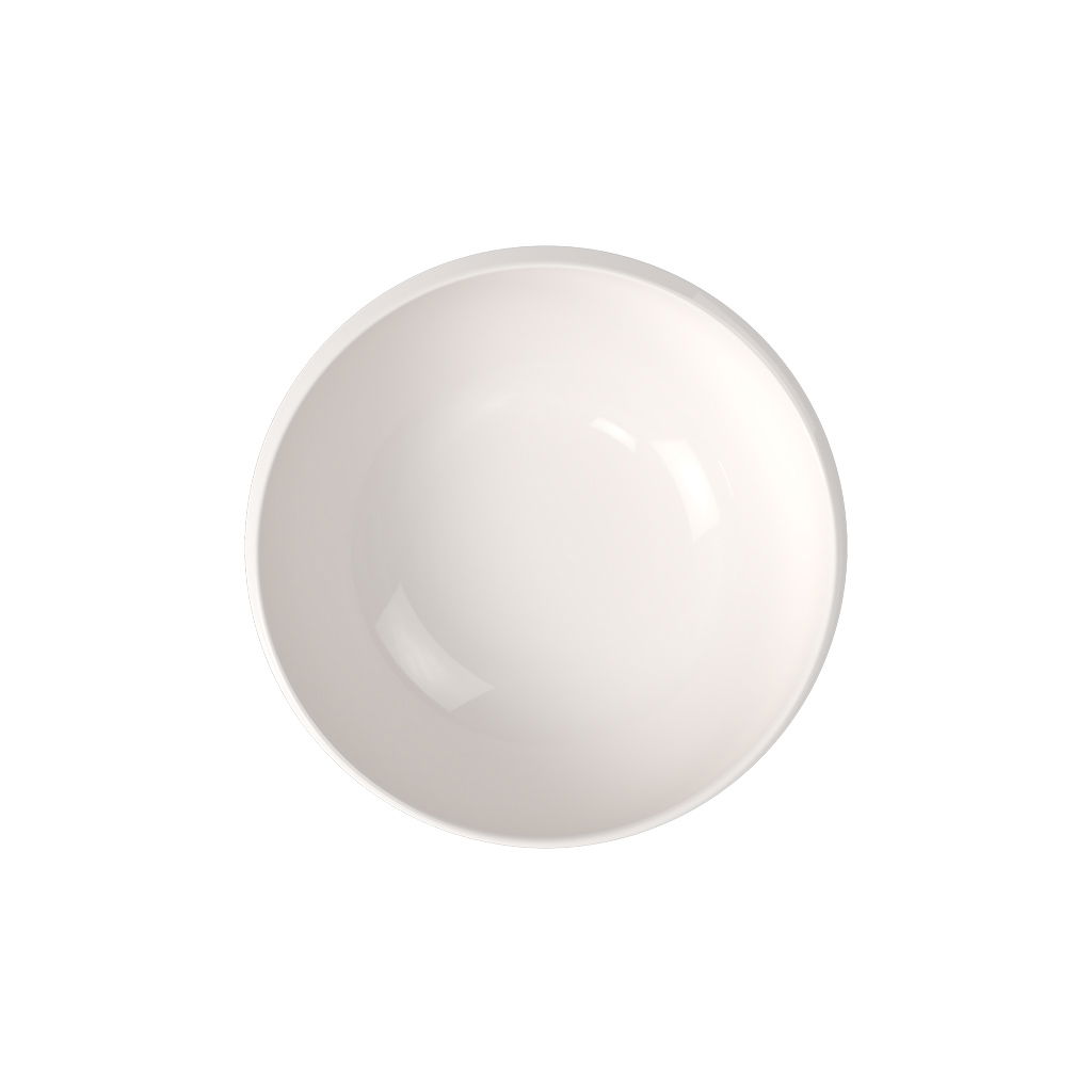 Weiße, runde Schüssel von oben betrachtet auf hellem Hintergrund