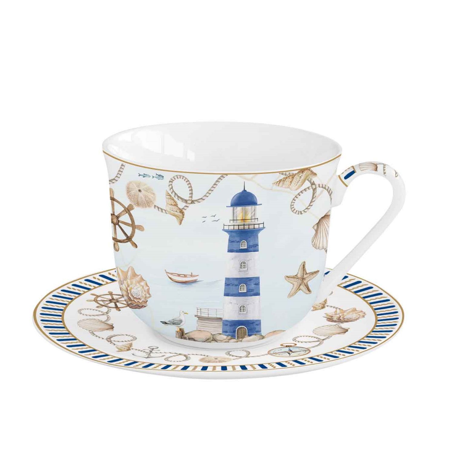 Tasse mit Untertasse, verziert mit maritimen Motiven wie einem Leuchtturm, Muscheln und Anker. Farblich in Blau und Weiß gehalten.