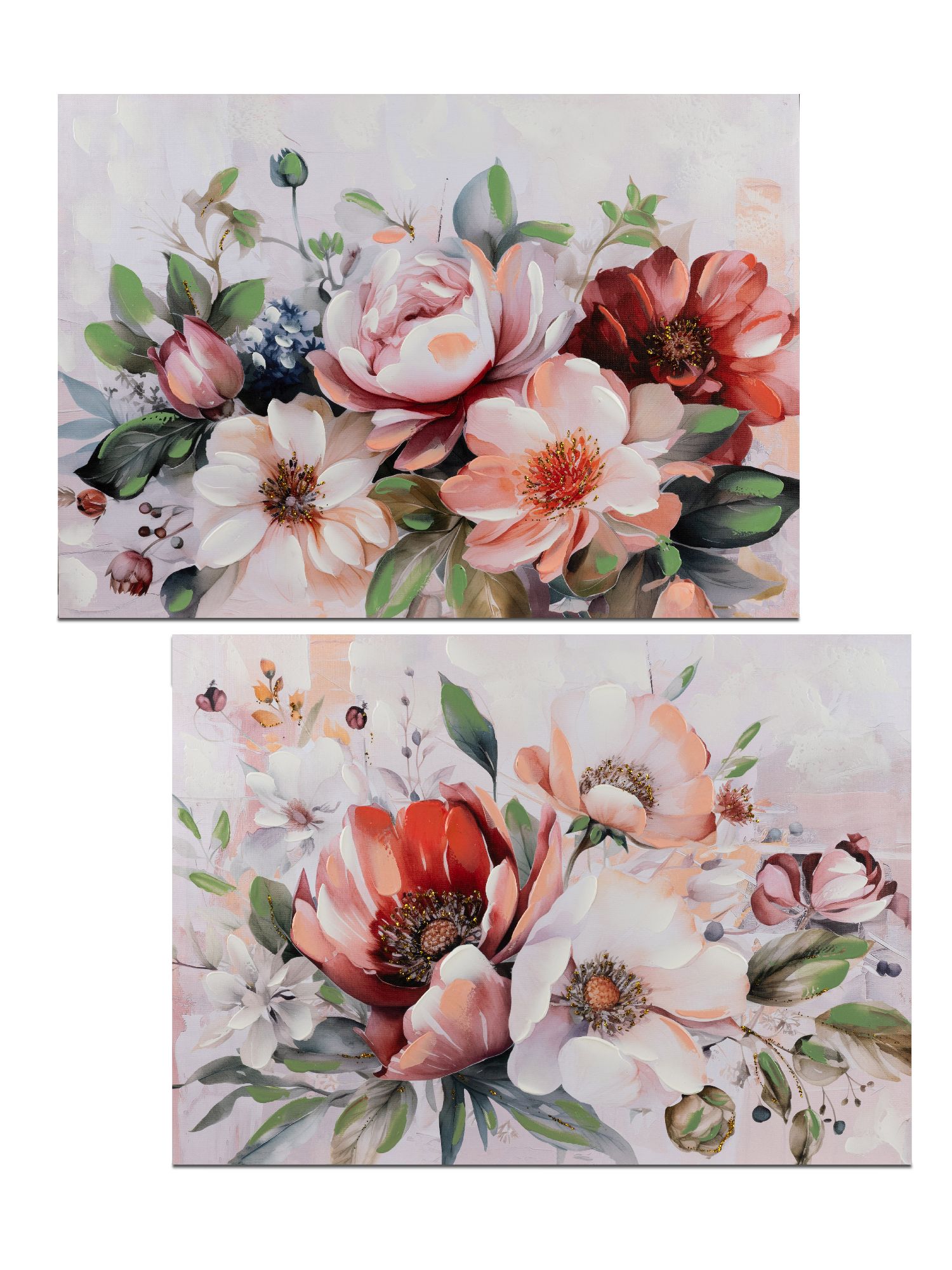 Zwei Bilder mit bunten Blumenarrangements in verschiedenen Farben, umgeben von grünen Blättern auf hellem Hintergrund.