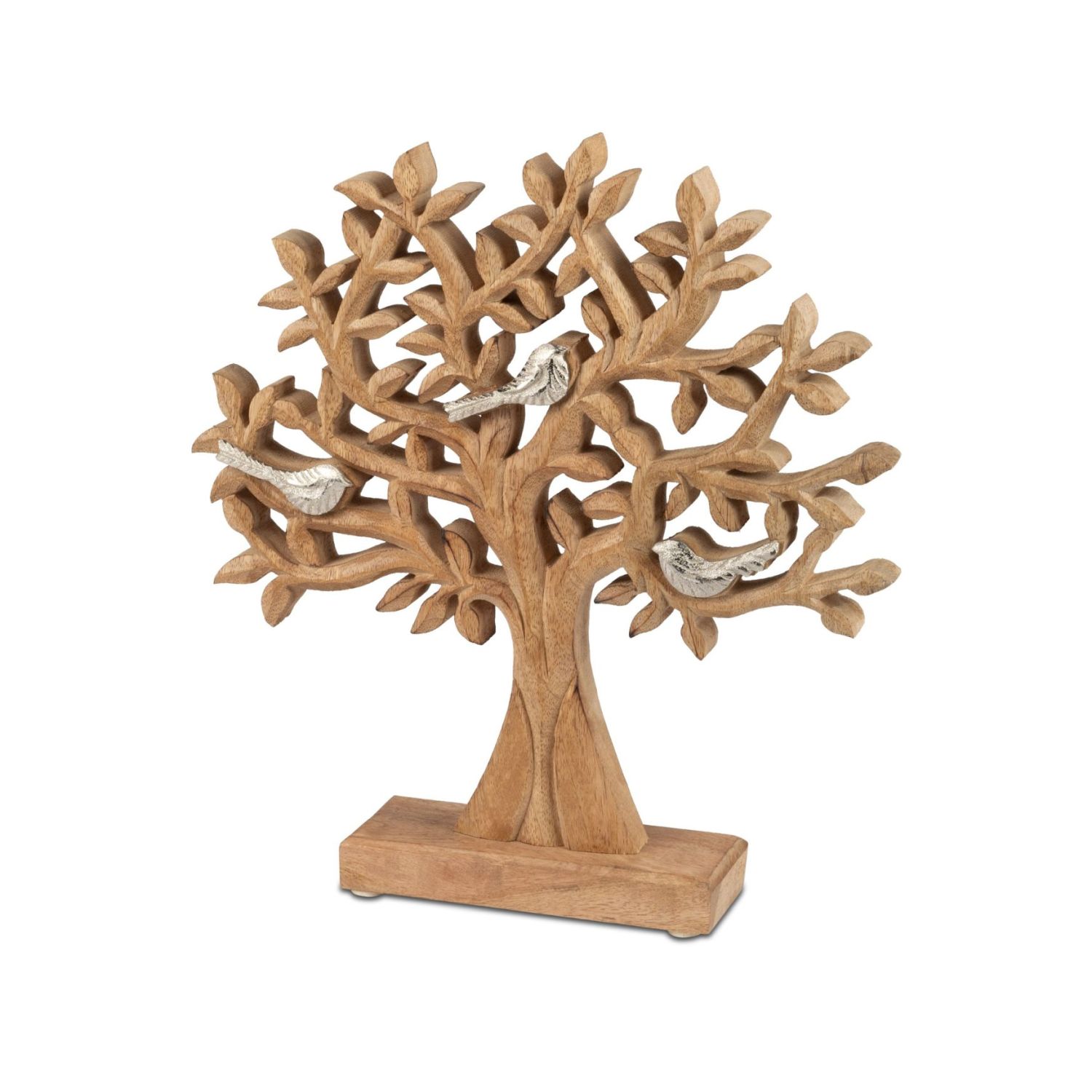 Holzskulptur eines stilisierten Baums auf Sockel mit drei silberfarbenen Vögeln in den Ästen