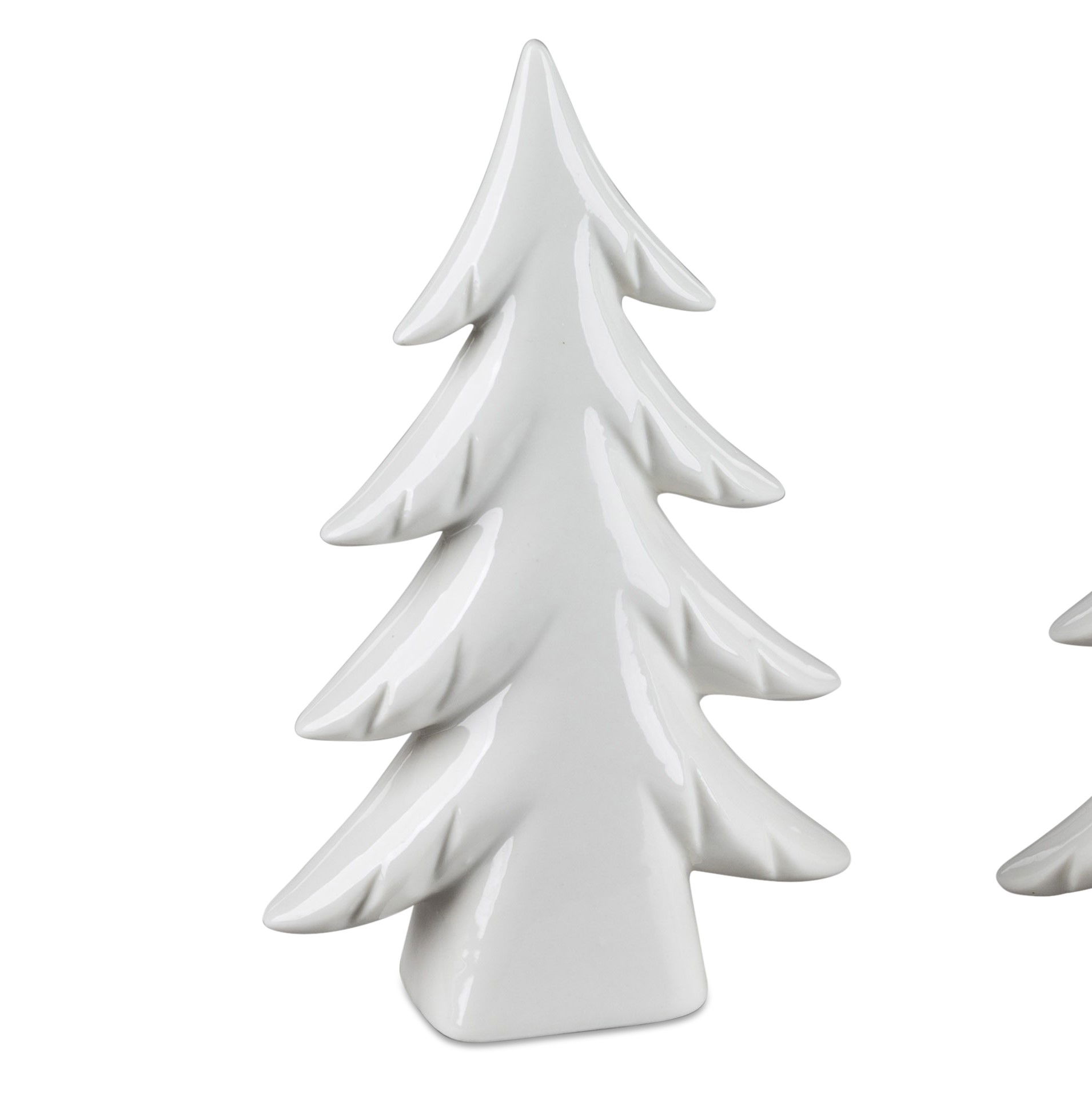 Weißer, glatter Kerzenhalter in Form eines Tannenbaums mit ausgeprägten Ästen und einer stabilen Bas