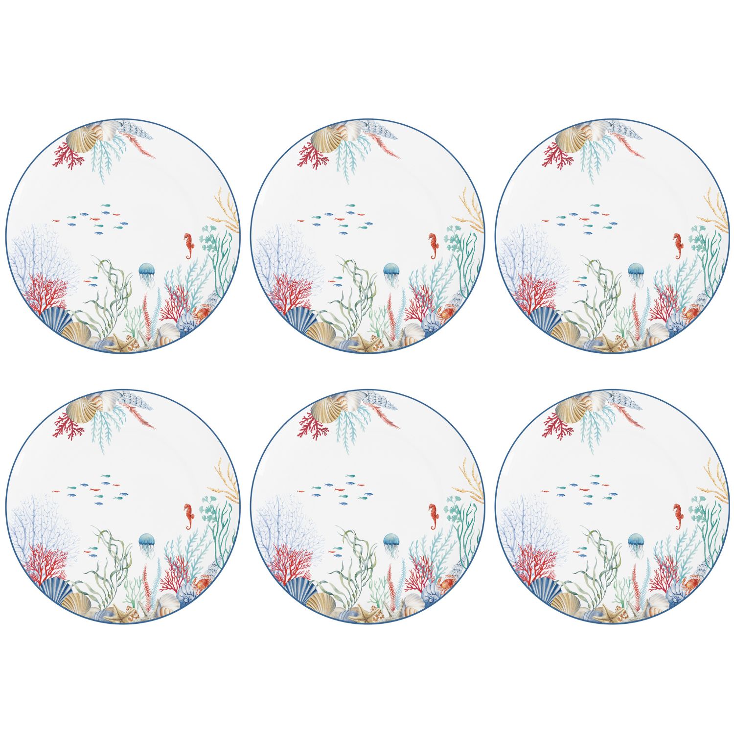 weißer Kuchenteller SEA BREEZE mit Unterwassermotiven mit Korallen, Muscheln, Seesternen