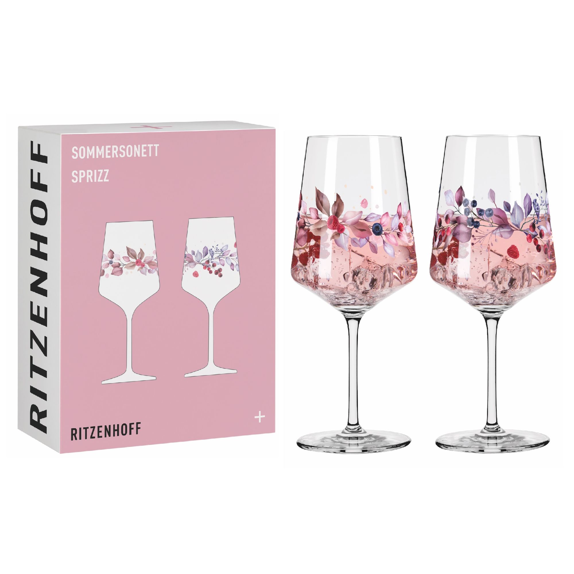 Zwei Weingläser mit floralem Design in Rosa und lila, neben einer Verpackung mit Abbildung der Gläser.