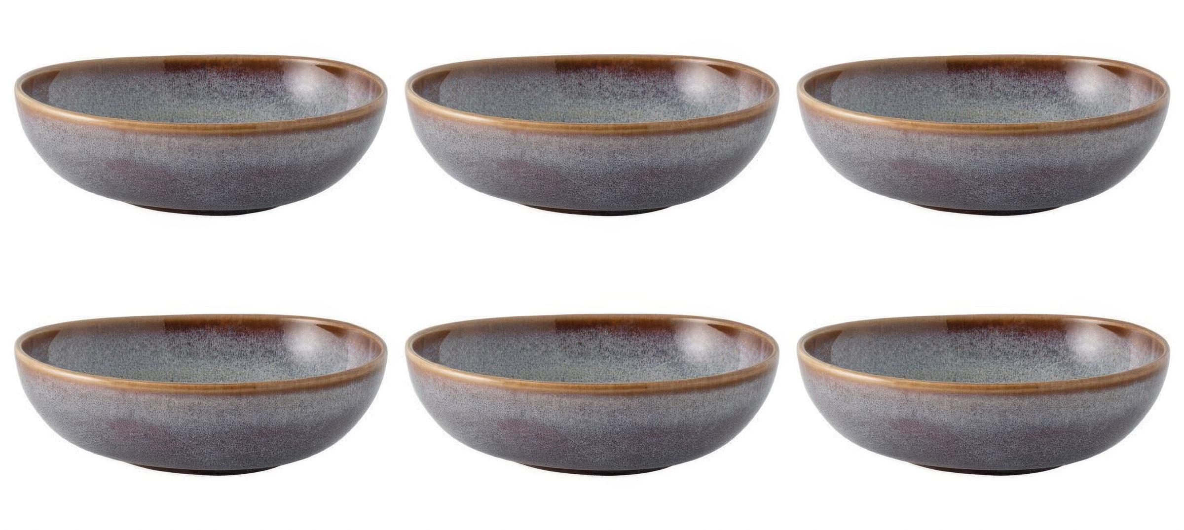 Sechs flache Schalen mit grauer Glasur und braunem Rand, gleichmäßig angeordnet.
