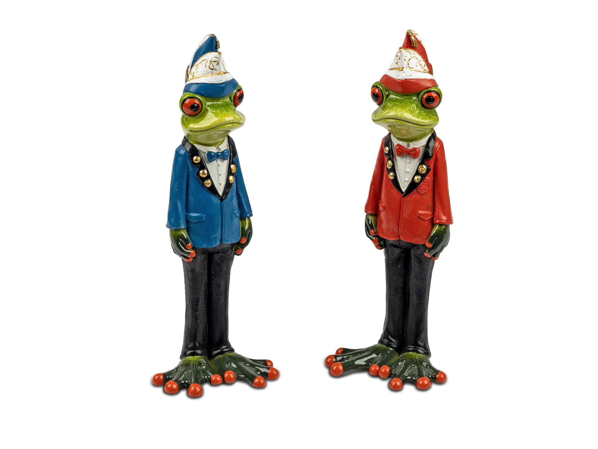 Zwei Frösche in Anzügen, einer blau mit Hut, der andere rot mit Hut, stehen nebeneinander. Beide haben große Augen und auffällige Füße.