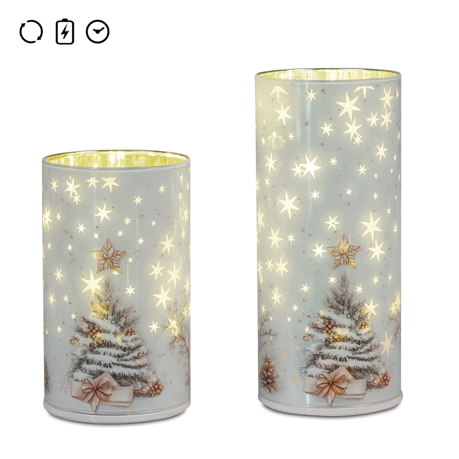 Zwei leuchtende zylindrische Deko-Gläser mit Sternen und verschneiten Weihnachtsbäumen