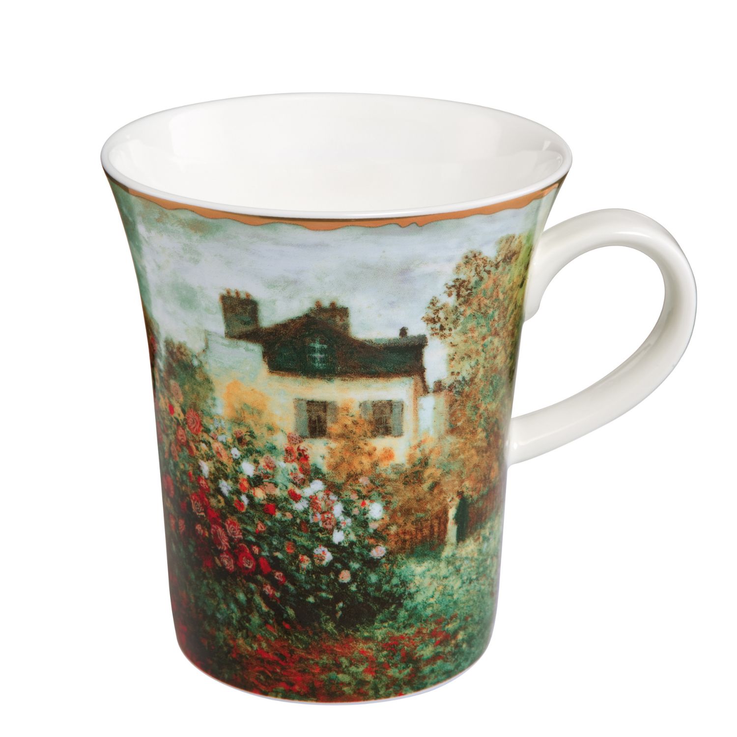 Tasse mit buntem Blumenmotiv und einem Haus im Hintergrund Motiv das Künstlerhaus von Claude Monet