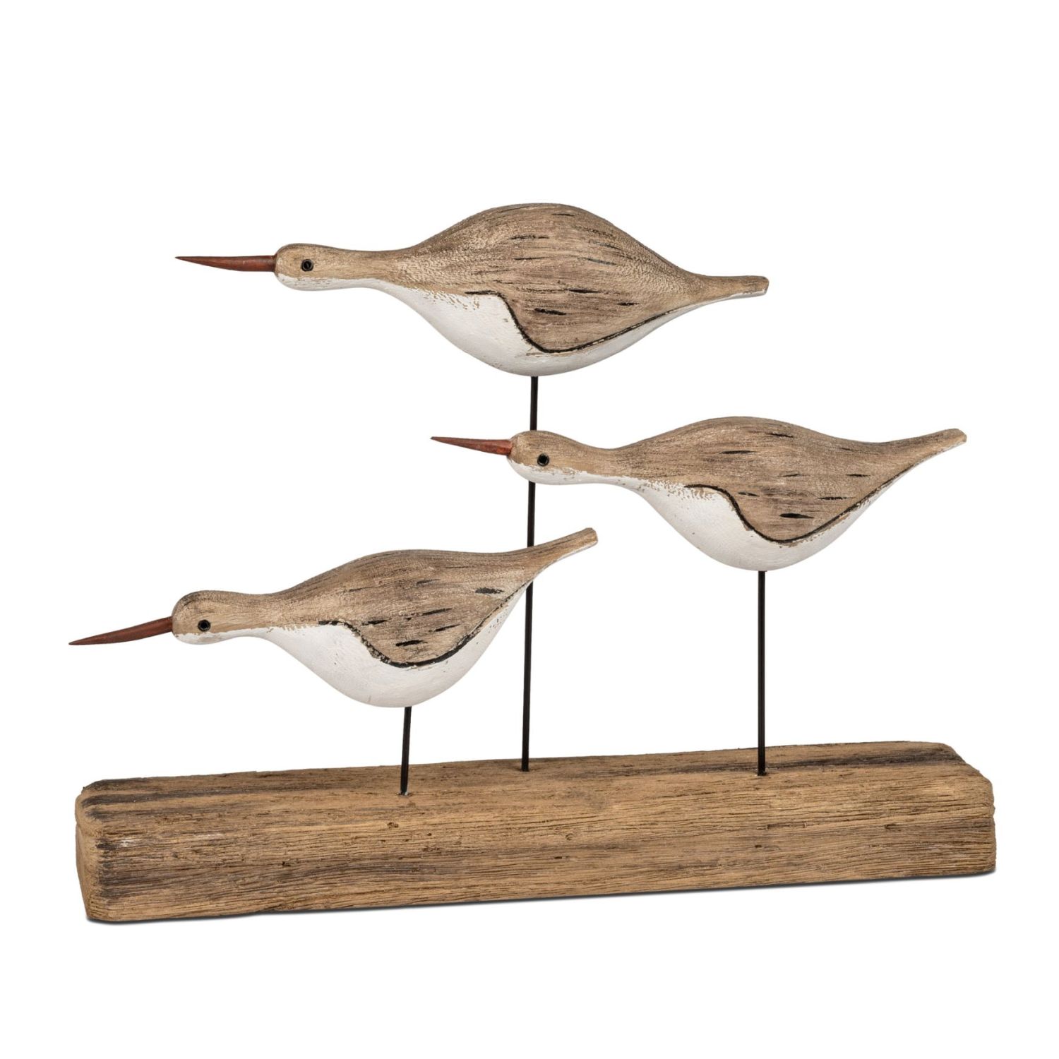 Holzskulptur mit drei stilisierten Vögeln auf Metallstäben auf einem Holzsockel