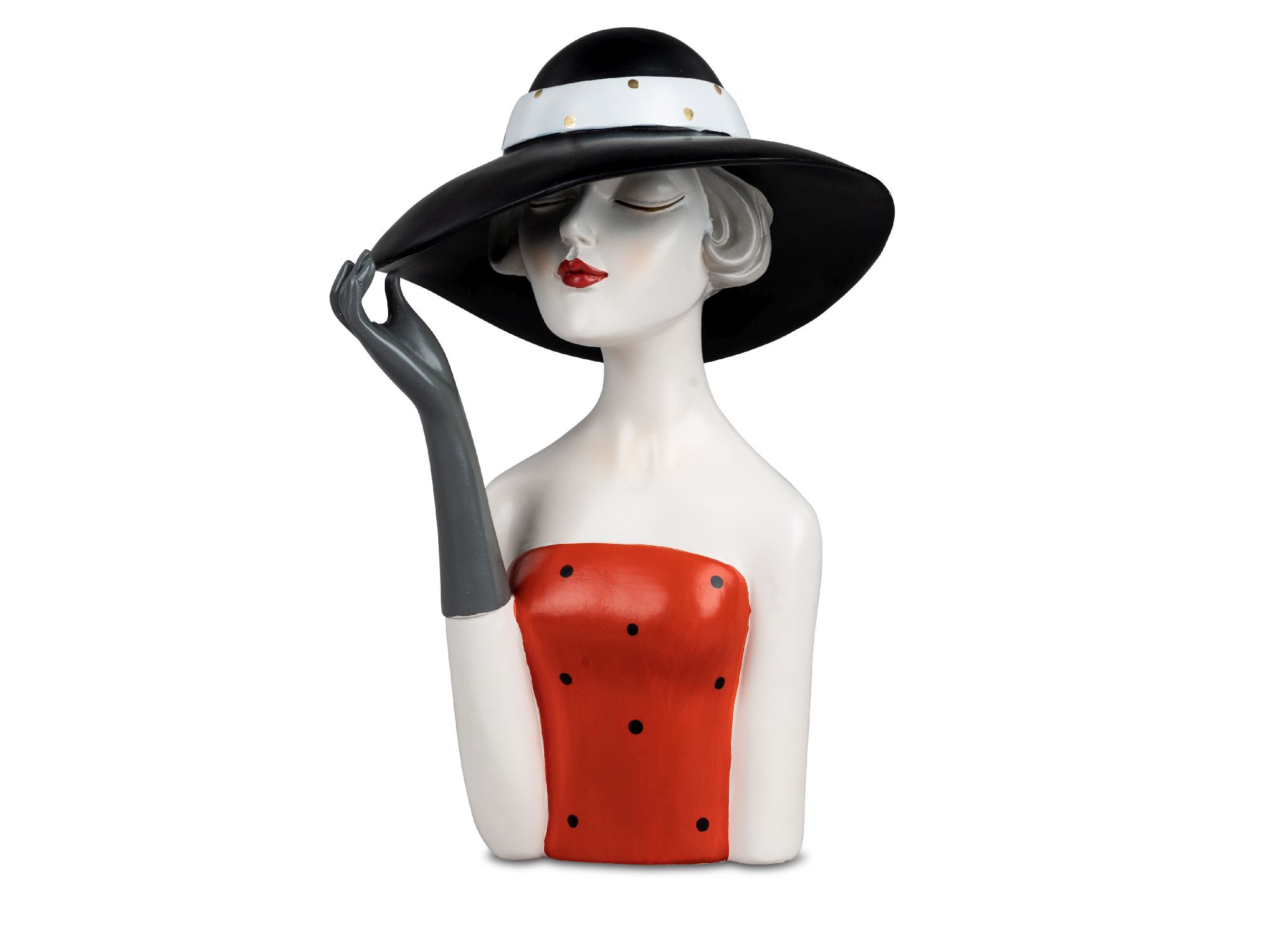 Eine stilisierte Büste einer Frau mit einem schwarzen Hut und rotem Oberteil mit Punkten. Sie hält e