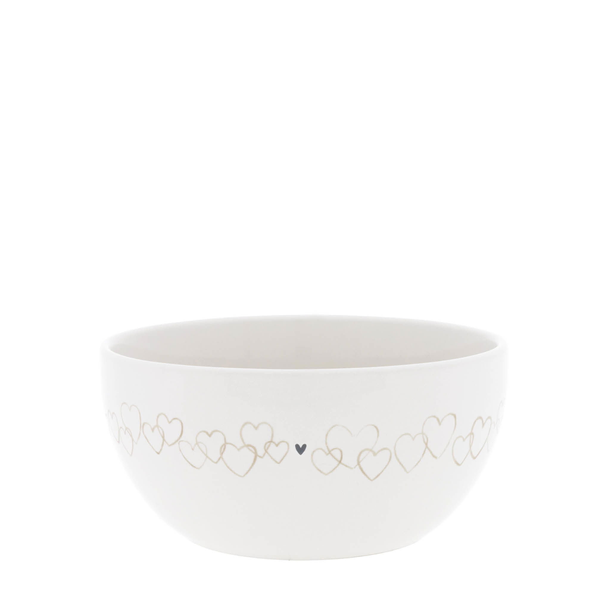 Weiße Schüssel mit einem Muster aus Herzen in verschiedenen Größen und Farben auf der Außenseite.