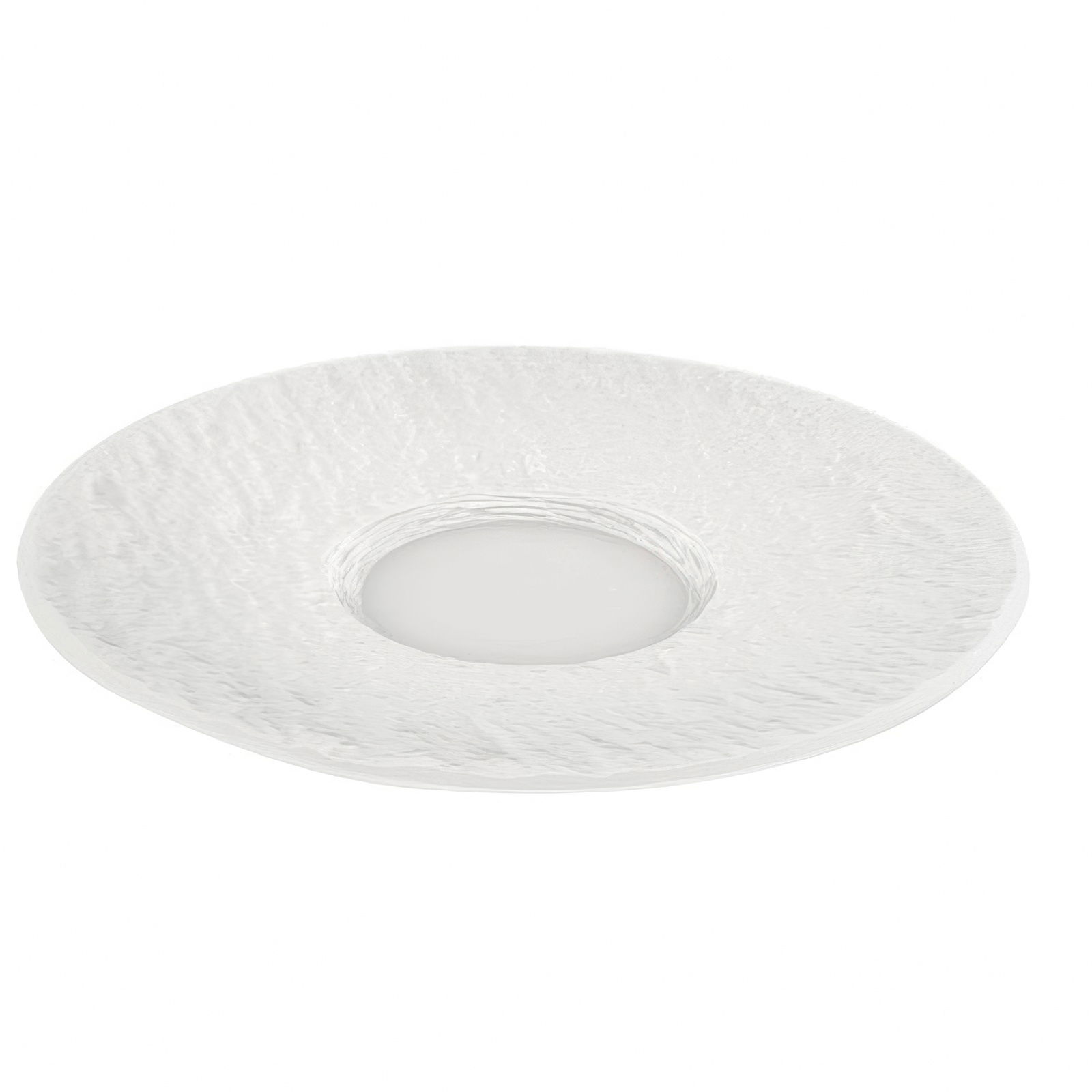 Weißer, runder Teller mit einer leicht strukturierten Oberfläche und einer vertieften Mitte.