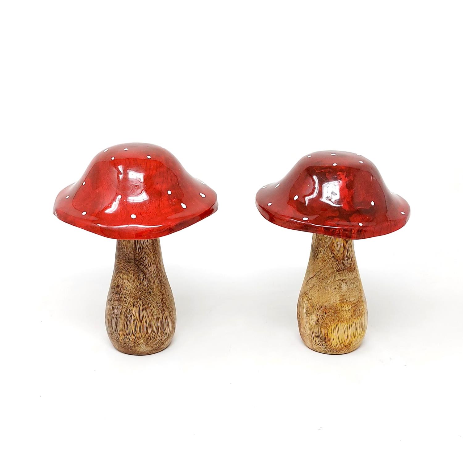 Zwei rote Pilze mit glänzendem Hut und weißen Punkten stehen auf einem hellen Hintergrund. Die Stiele sind braun und holzähnlich.