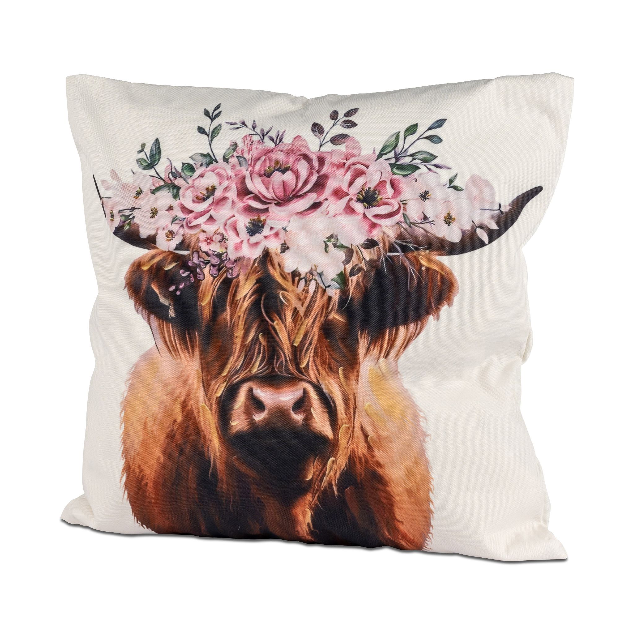 Kissen mit einem Bild eines Highlandrinds, das eine Blumenkrone trägt. Der Hintergrund ist hell und