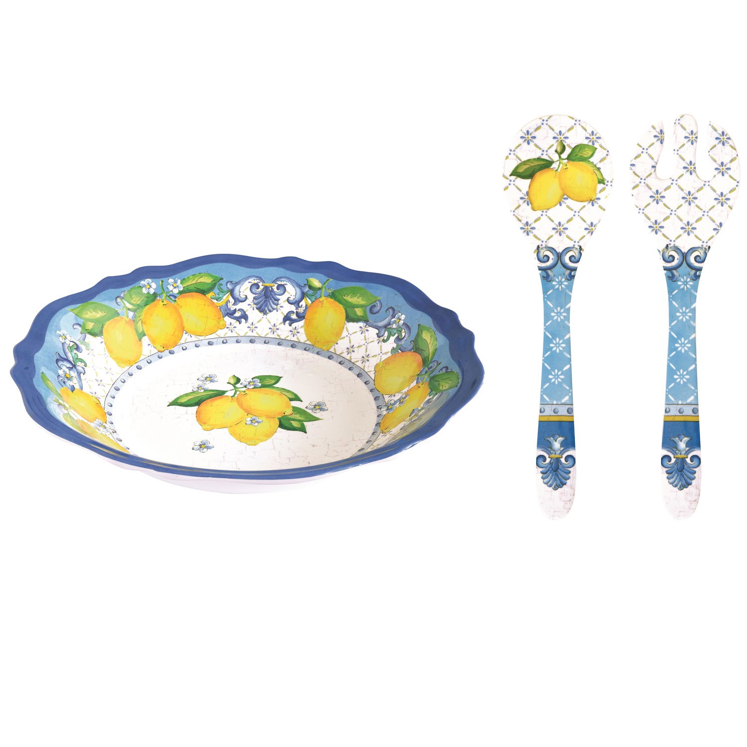Schüssel + Salatbesteck SORRENTO Zitronen weiß blau gelb Melamin von EASY LIFE