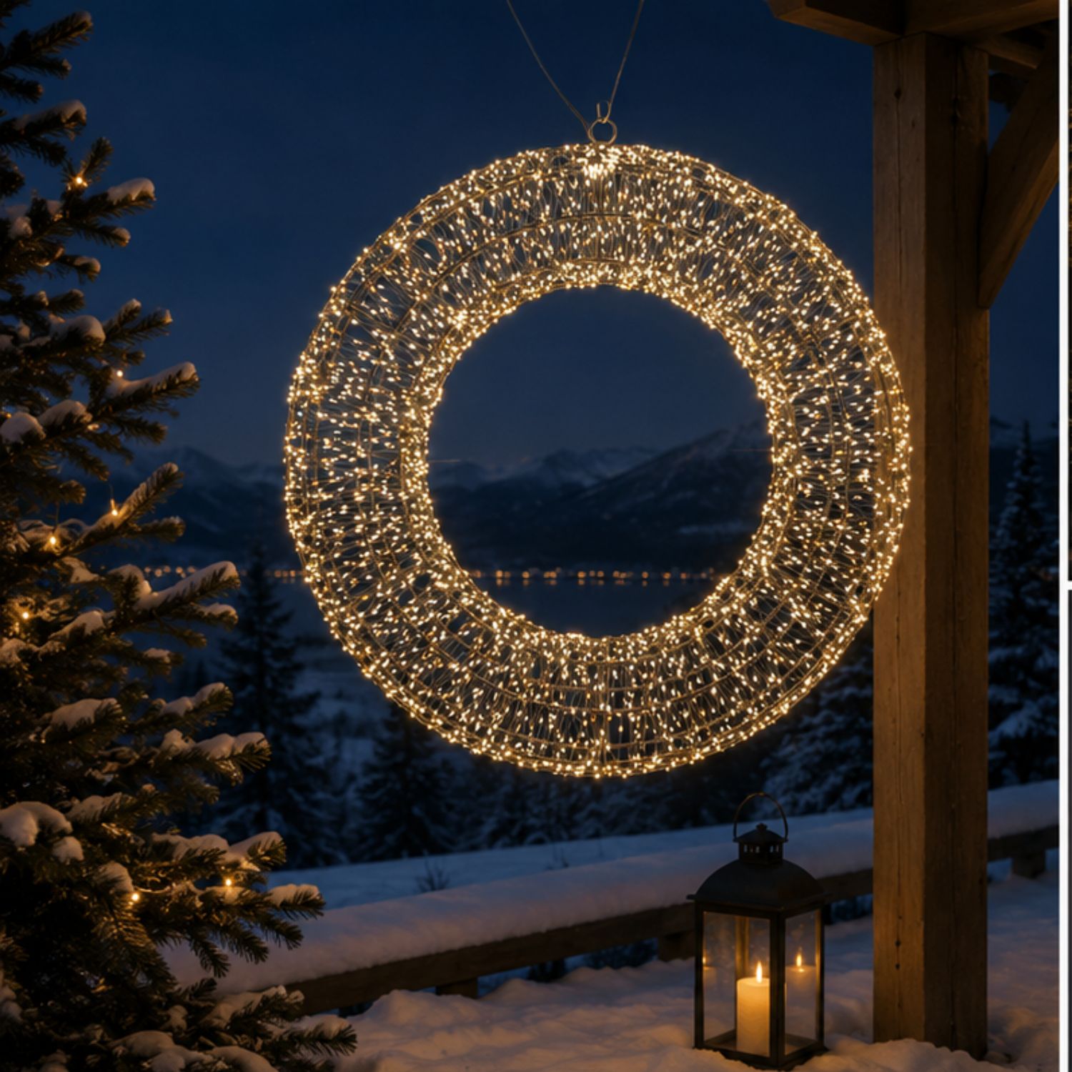 Leuchtender Lichterkranz im Schnee, daneben Tanne und Laterne, Berge bei Nacht