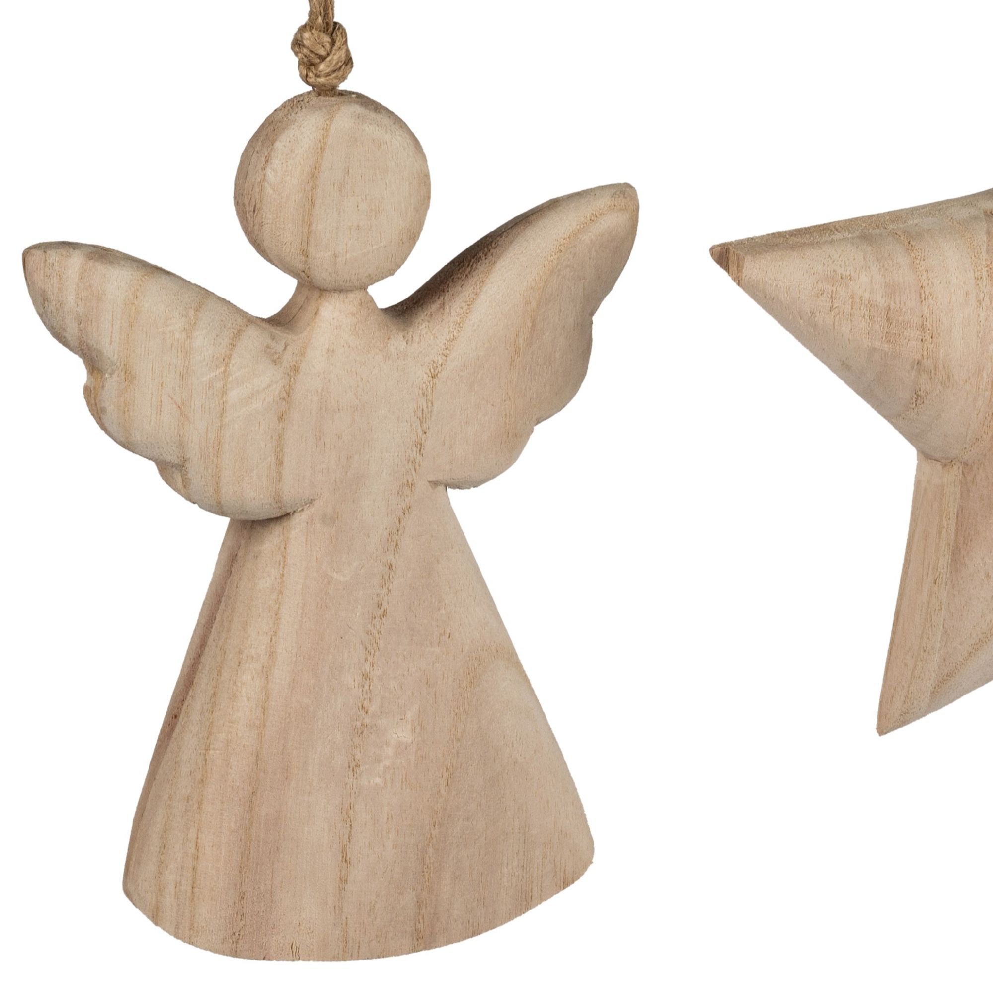 Holzfigur eines Engels mit Flügeln, in natürlichem Farbton, hängend an einer Schnur.