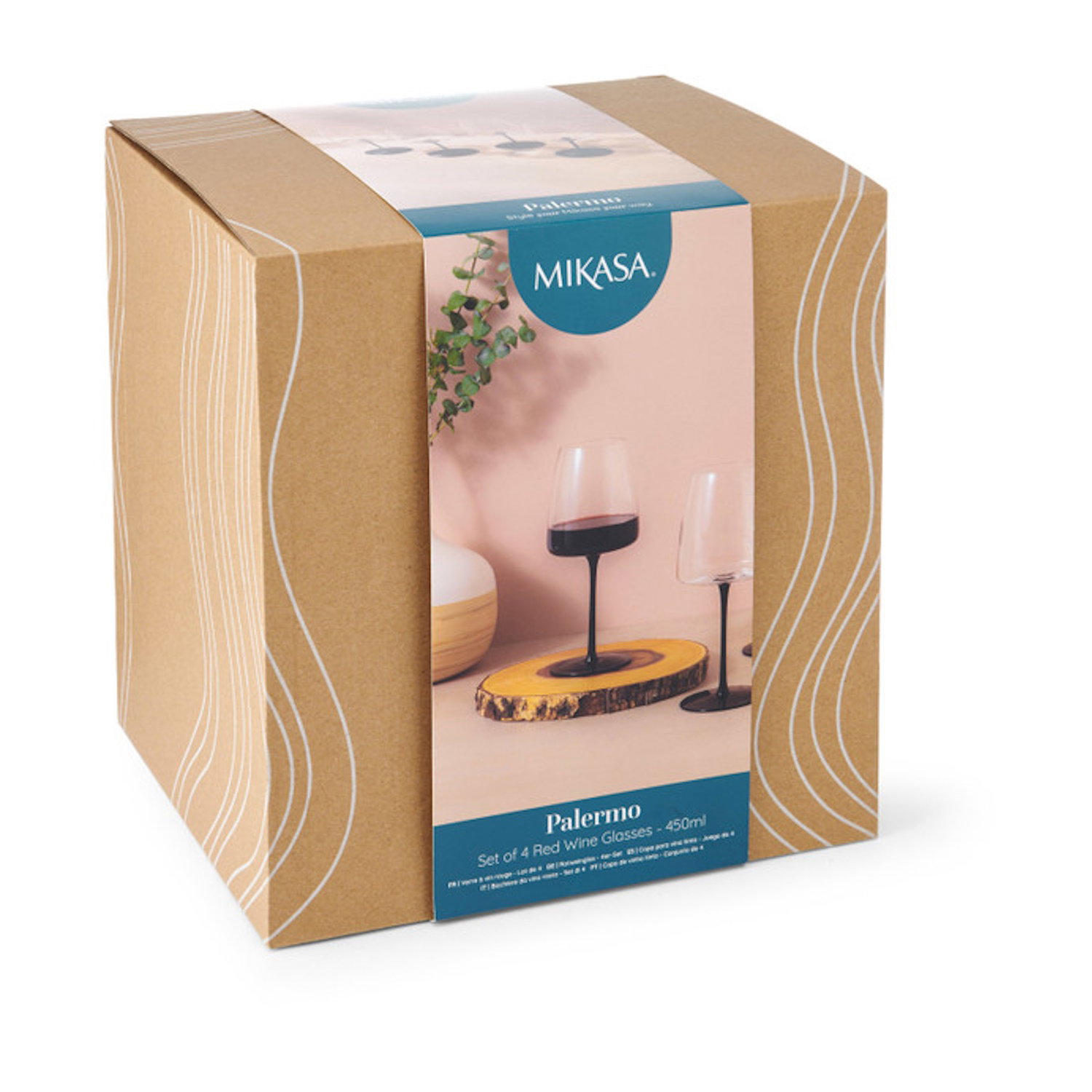 Braune Verpackung mit einem Bild von zwei Weingläsern auf einem Holzuntersetzer und einer Pflanze im Hintergrund.