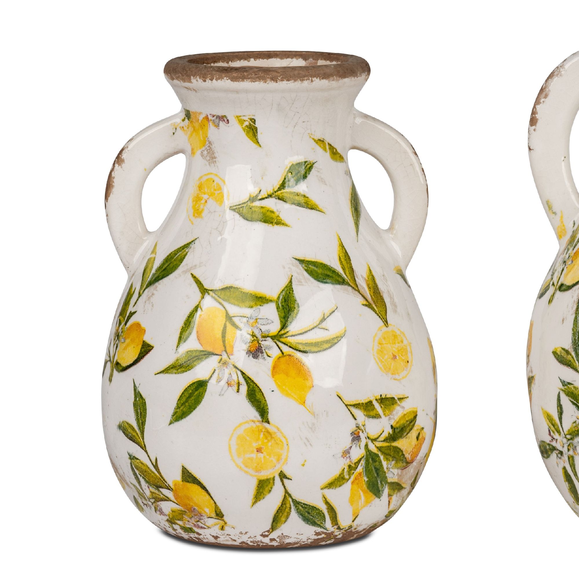 Zwei Keramikkannen mit gelben Zitronen- und Blattmotiven auf weißem Hintergrund. Jede Kanne hat zwei Henkel.