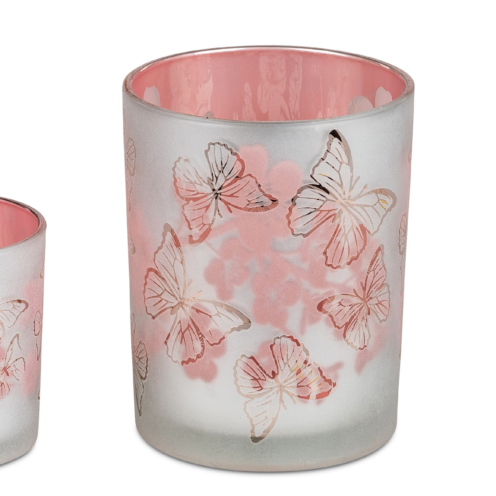 Teelichthalter, Windlicht BLUMEN und Schmetterlinge Höhe 12cm rosa, von Formano