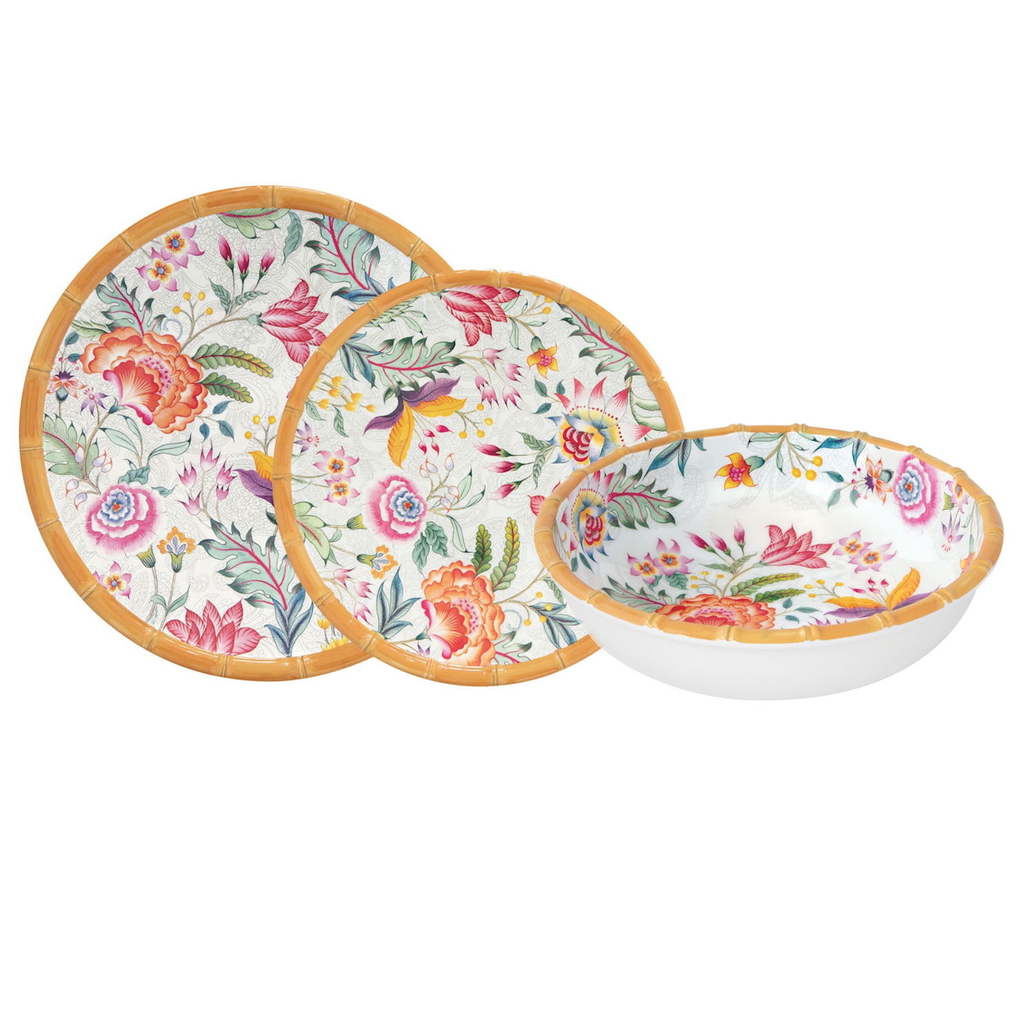 18tlg. Tellerset OSAKA Blumen weiß rosa aus Melamin Picknick Geschirr von EASY LIFE