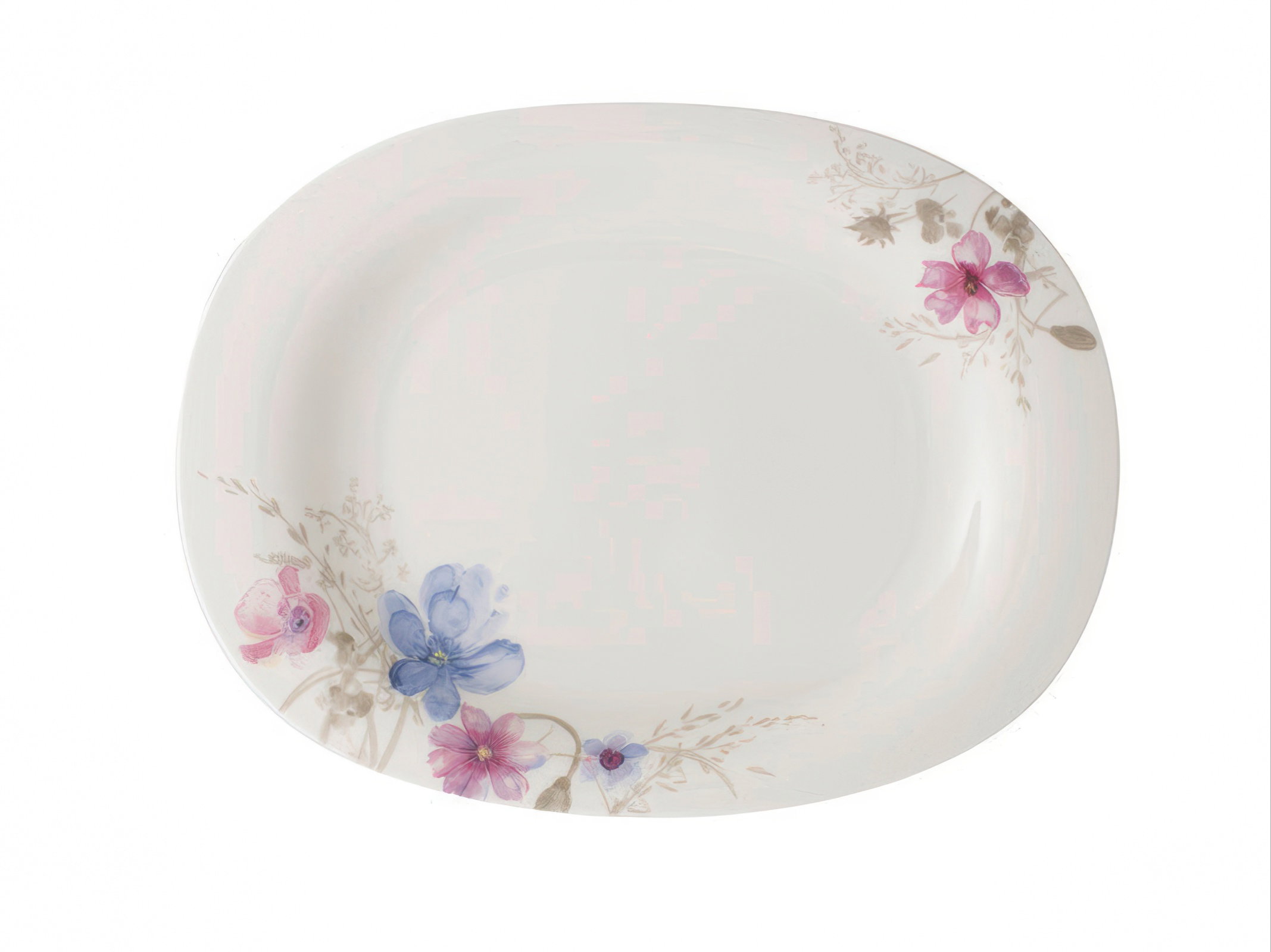 Ovales, weißes Serviergeschirr mit bunten Blumenmustern in Rosa und Blau am Rand.
