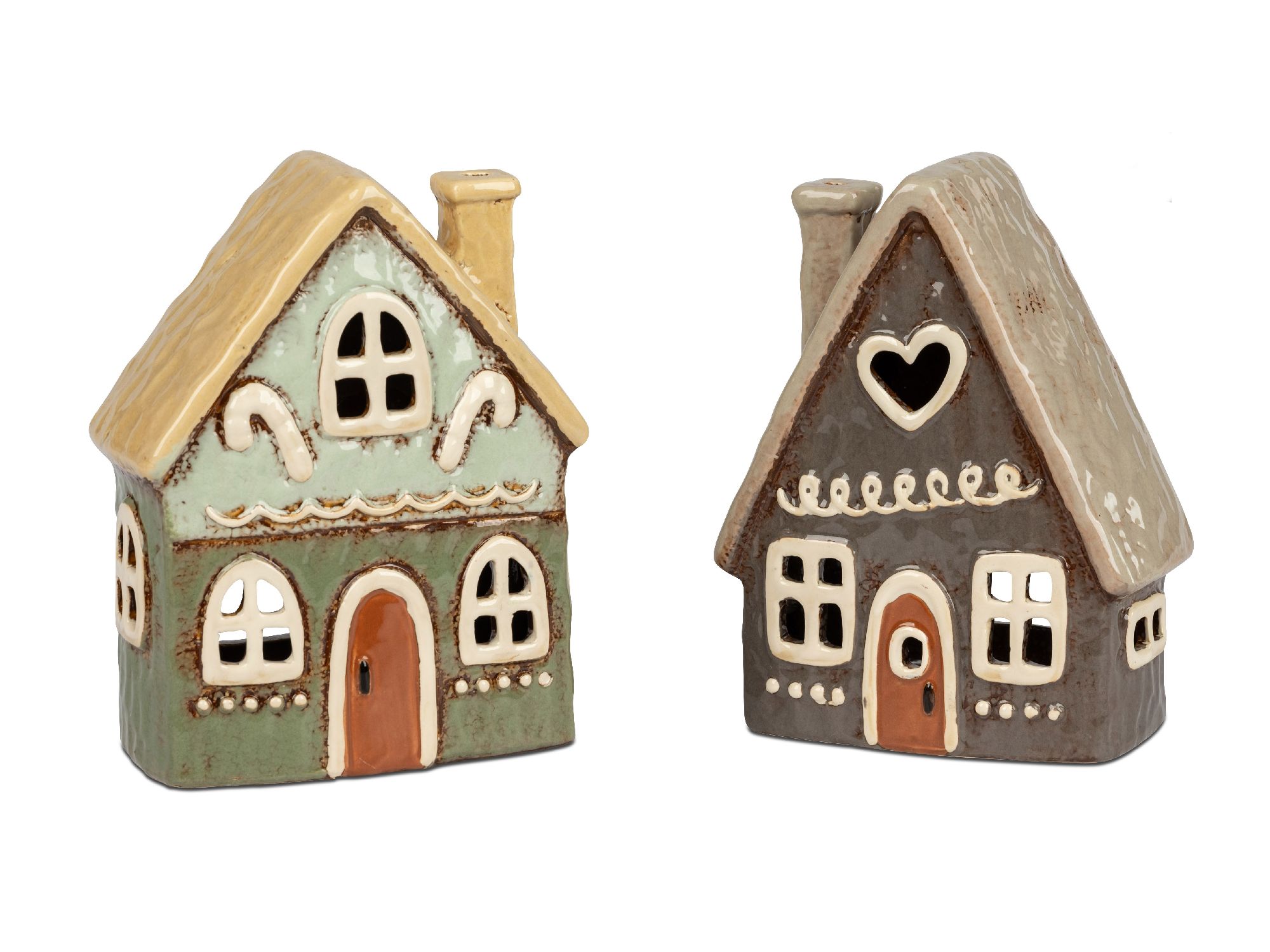 Zwei kleine, dekorative Häuser aus Keramik, eines in Grün mit einem braunen Dach, das andere in Grau