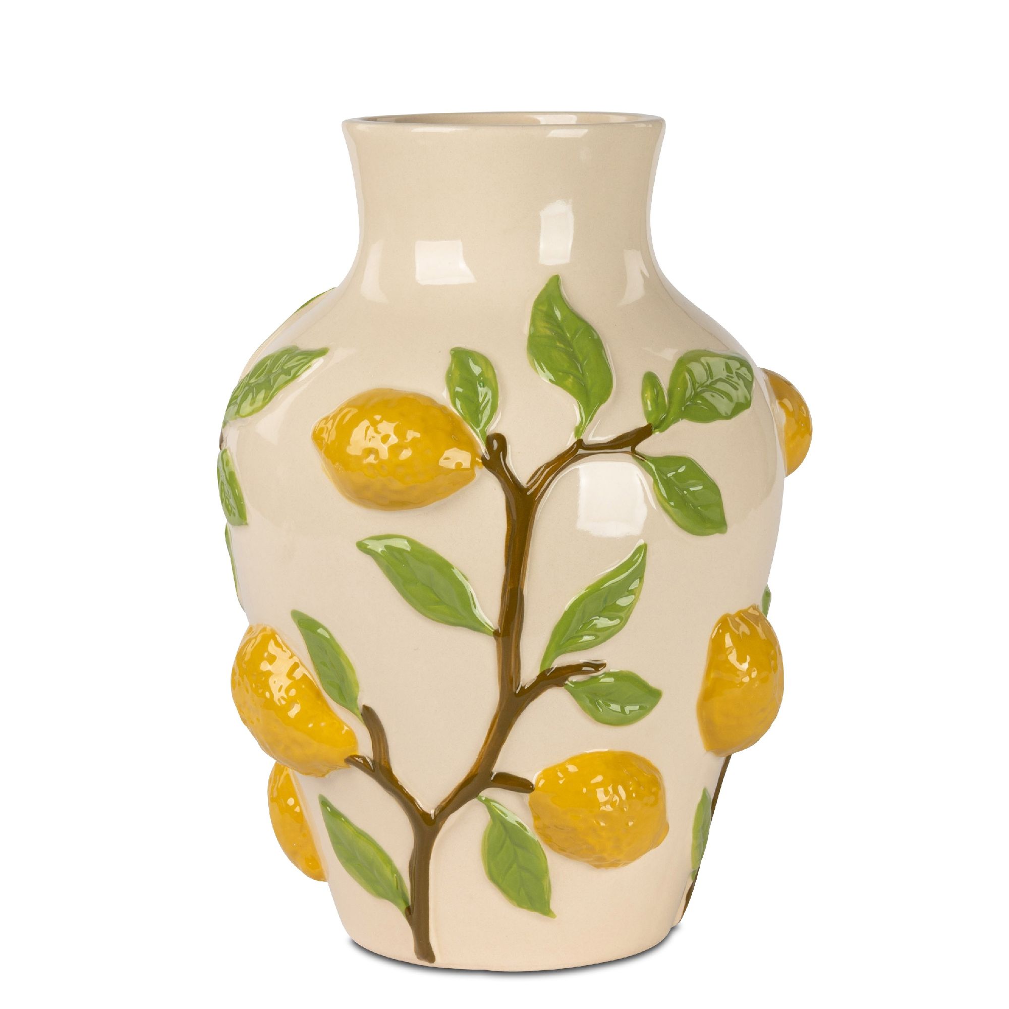 Vase in hellem Ton mit gelben Zitronen und grünen Blättern, dekorativ gestaltet.