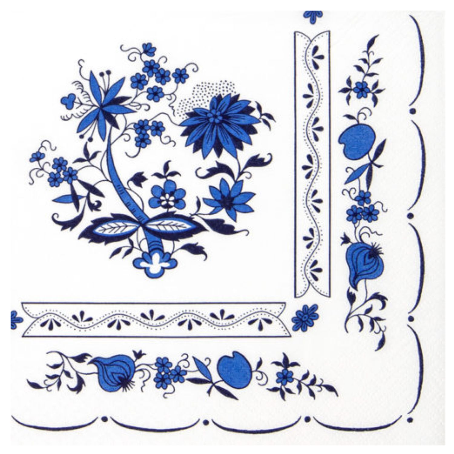 Muster mit blauen Blumen und Blättern auf weißem Hintergrund, umrahmt von dekorativen Linien und kleinen Motiven.