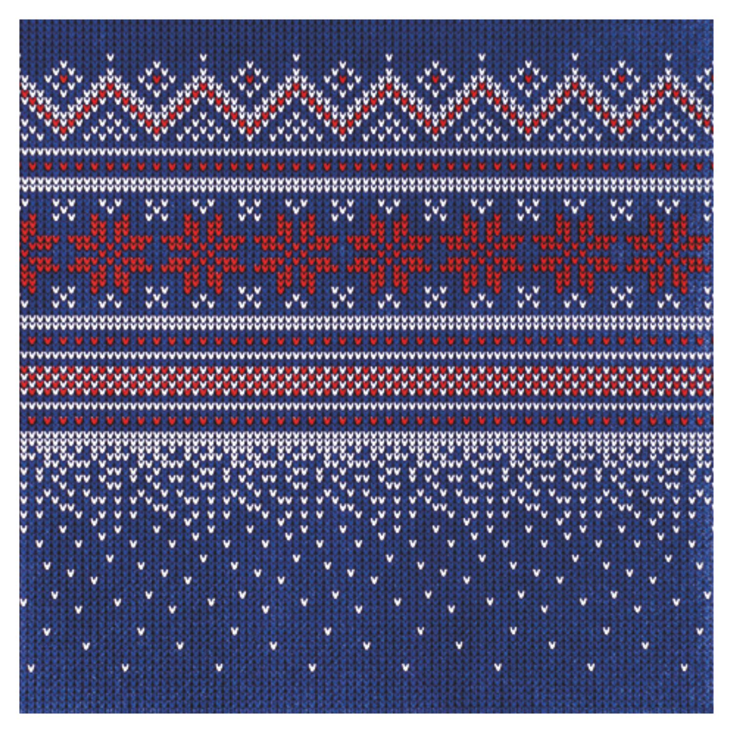 Muster aus blauer Strickware mit geometrischen und floralen Motiven in Rot und Weiß, angeordnet in horizontalen Reihen.