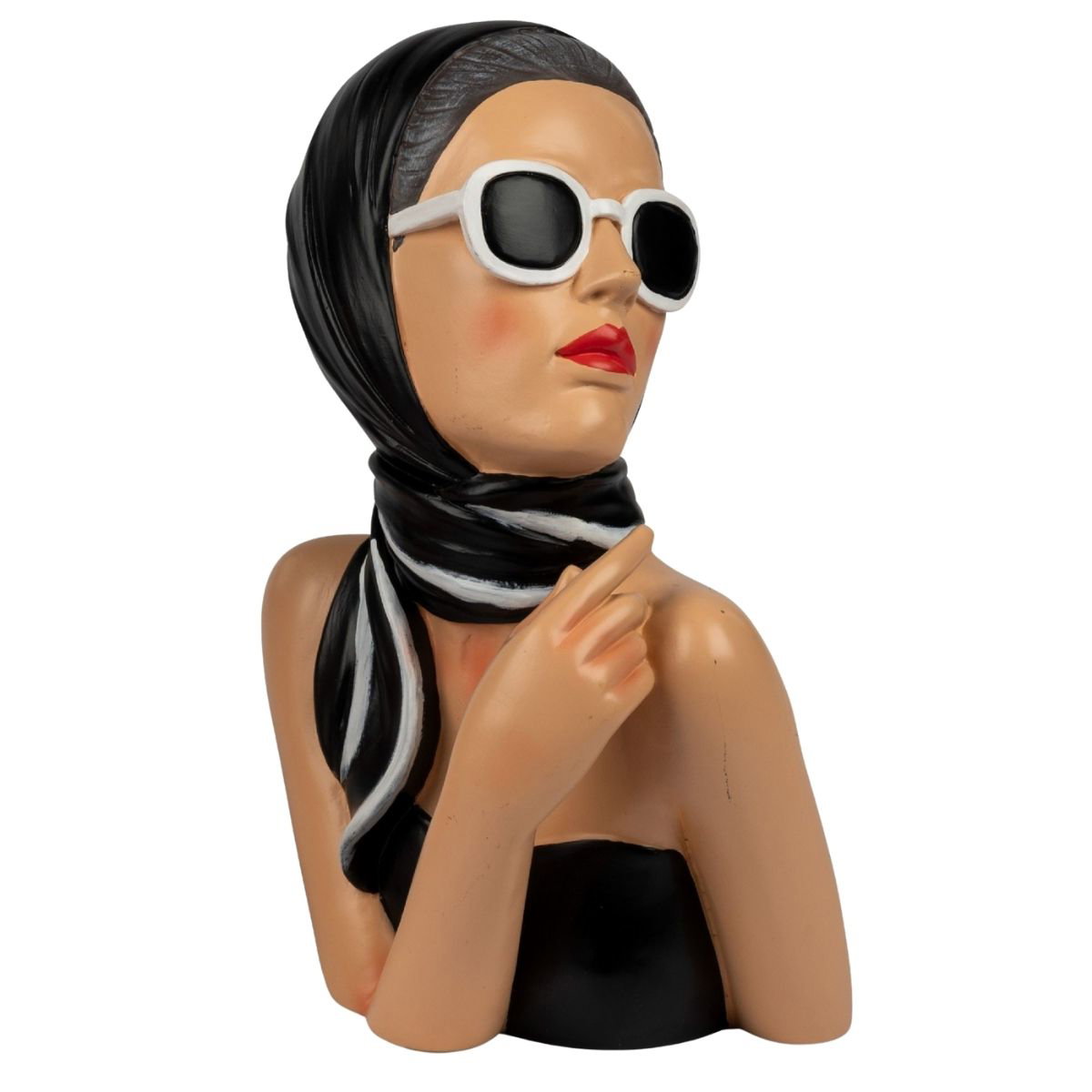 Eine stilisierte Figur einer Frau mit Sonnenbrille und Kopftuch, die nachdenklich mit einer Hand an