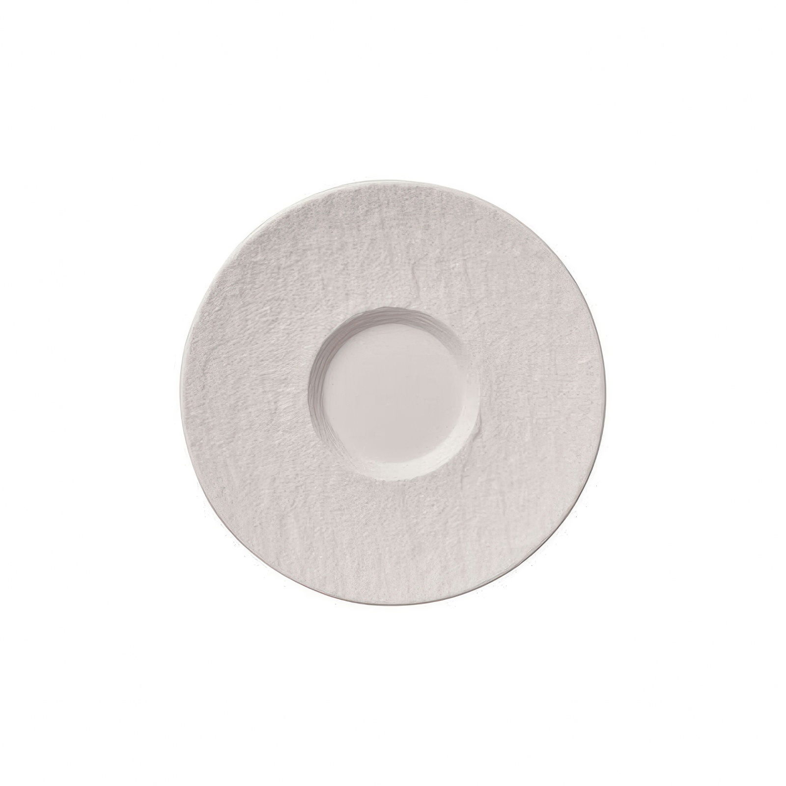 Runder, flacher Teller in hellem Farbton mit einer Vertiefung in der Mitte. Der Rand ist leicht strukturiert.