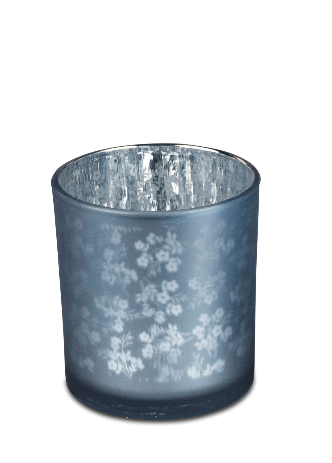 Teelichthalter, Windlicht FLOWERS rund Höhe 8cm blau silber Glas, von Formano