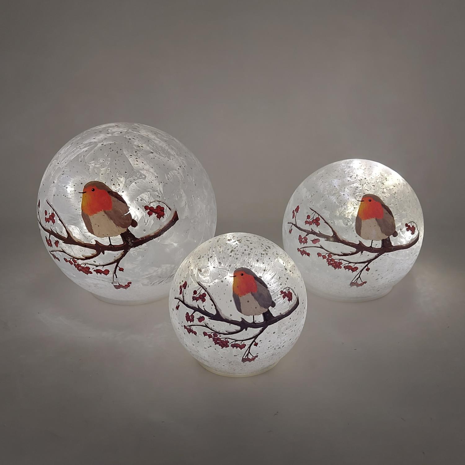 Drei gläserne Kugeln mit abgebildeten Vögeln auf Ästen und roten Blüten, unterschiedlich groß und le