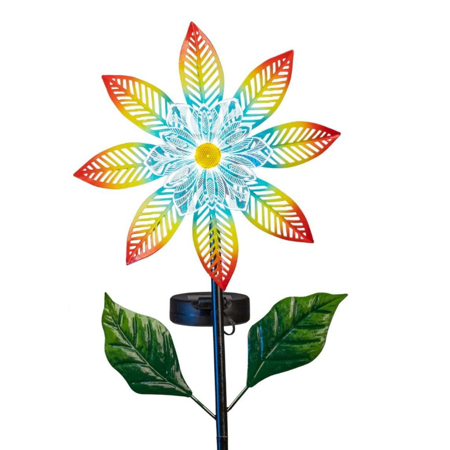 Dekorative Blumenfigur mit leuchtenden Blütenblättern und zwei grünen Blättern am Stiel