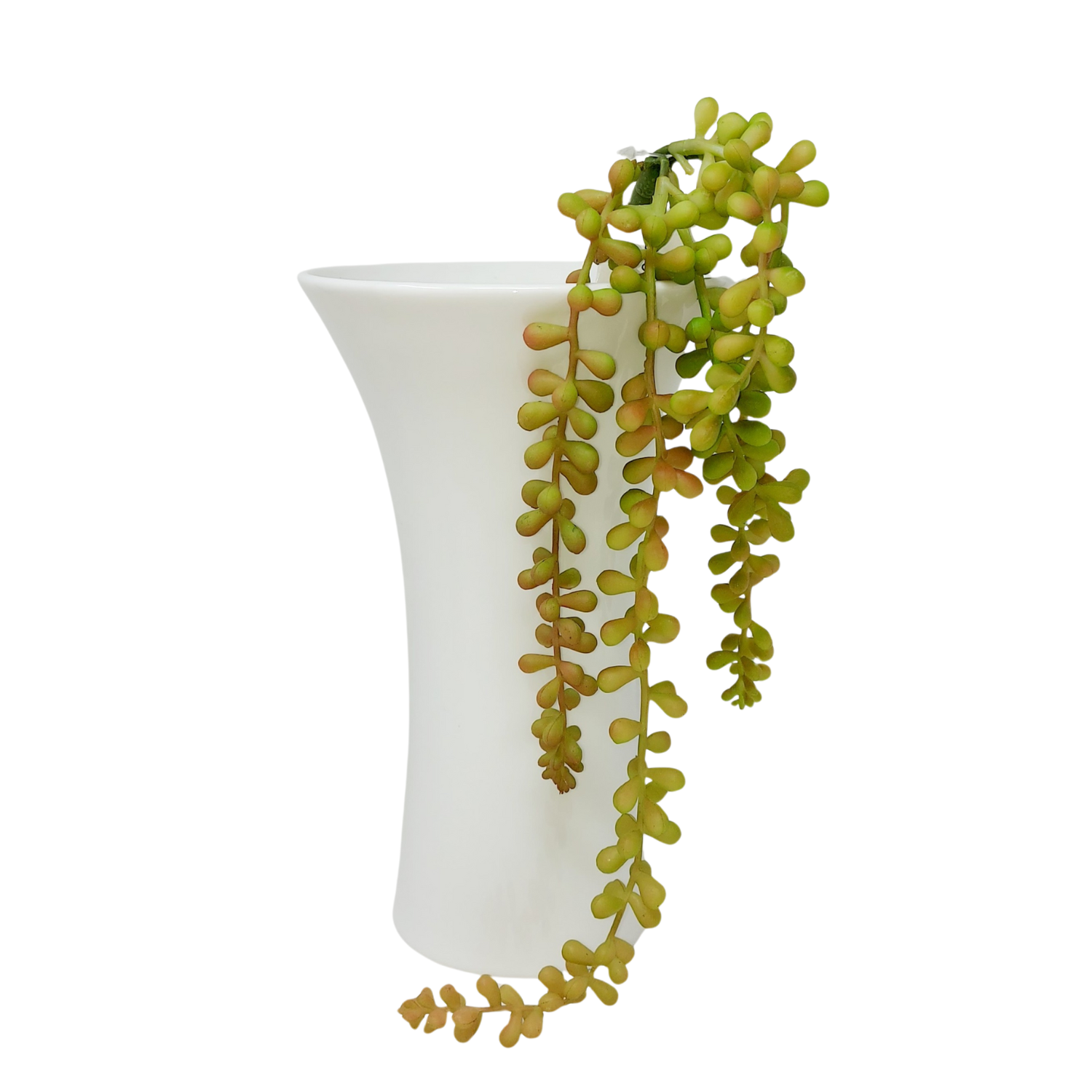 Weiße Blumenvase mit weitem Hals, konisch geformt mit Blätterzweig