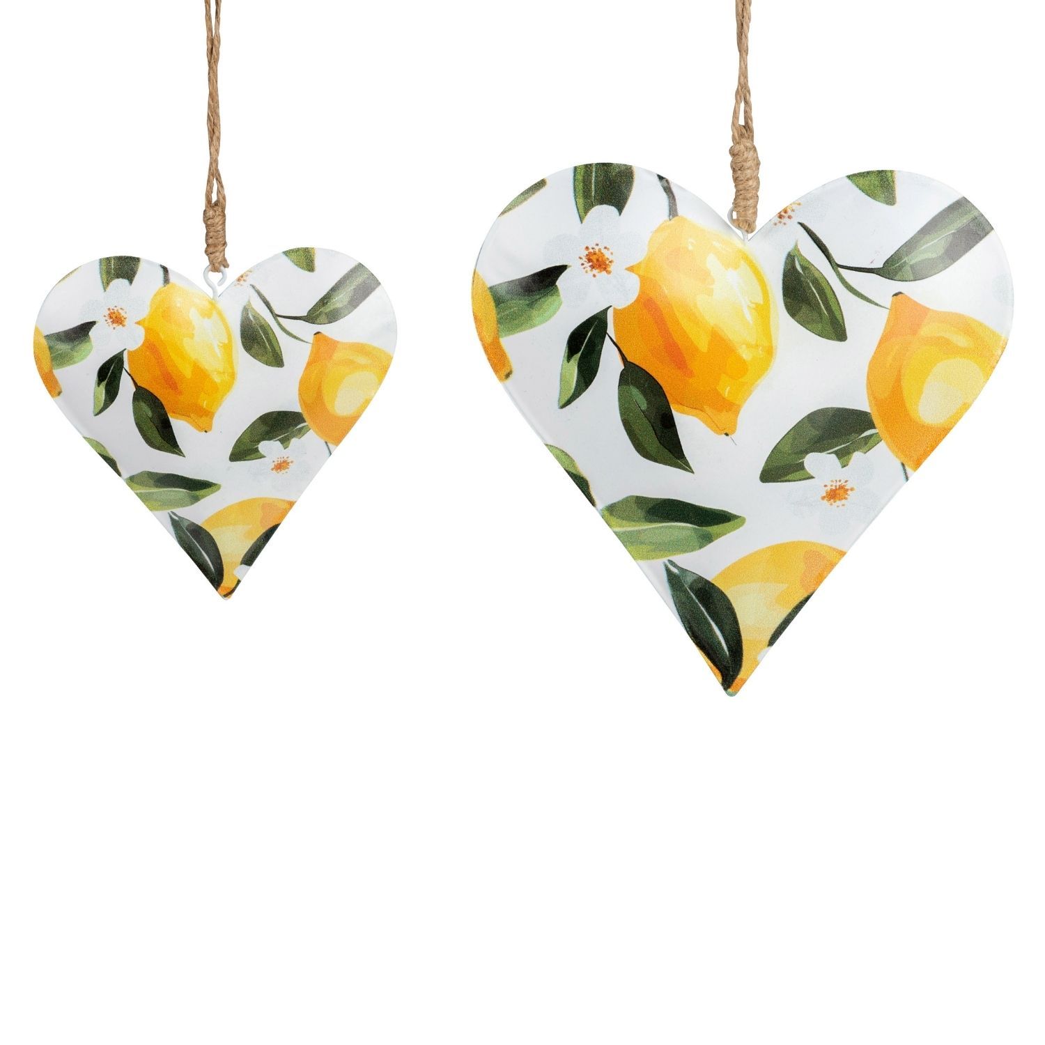 Zwei hängende Herzen mit Zitronen- und Blattmuster auf hellem Hintergrund